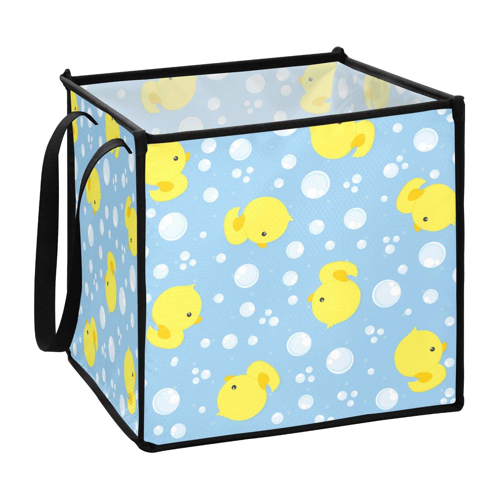 **Cute Yellow Baby Rubber Ducks with Bubbles on Light Blue Folding Laundry Hamper – Portable Storage Basket with Handles for Home, Bathroom, College Dorm & Travel (10.6x10.6x10.6 in) – Perfect for Baby Showers, Kids’ Rooms & Laundry Organization**