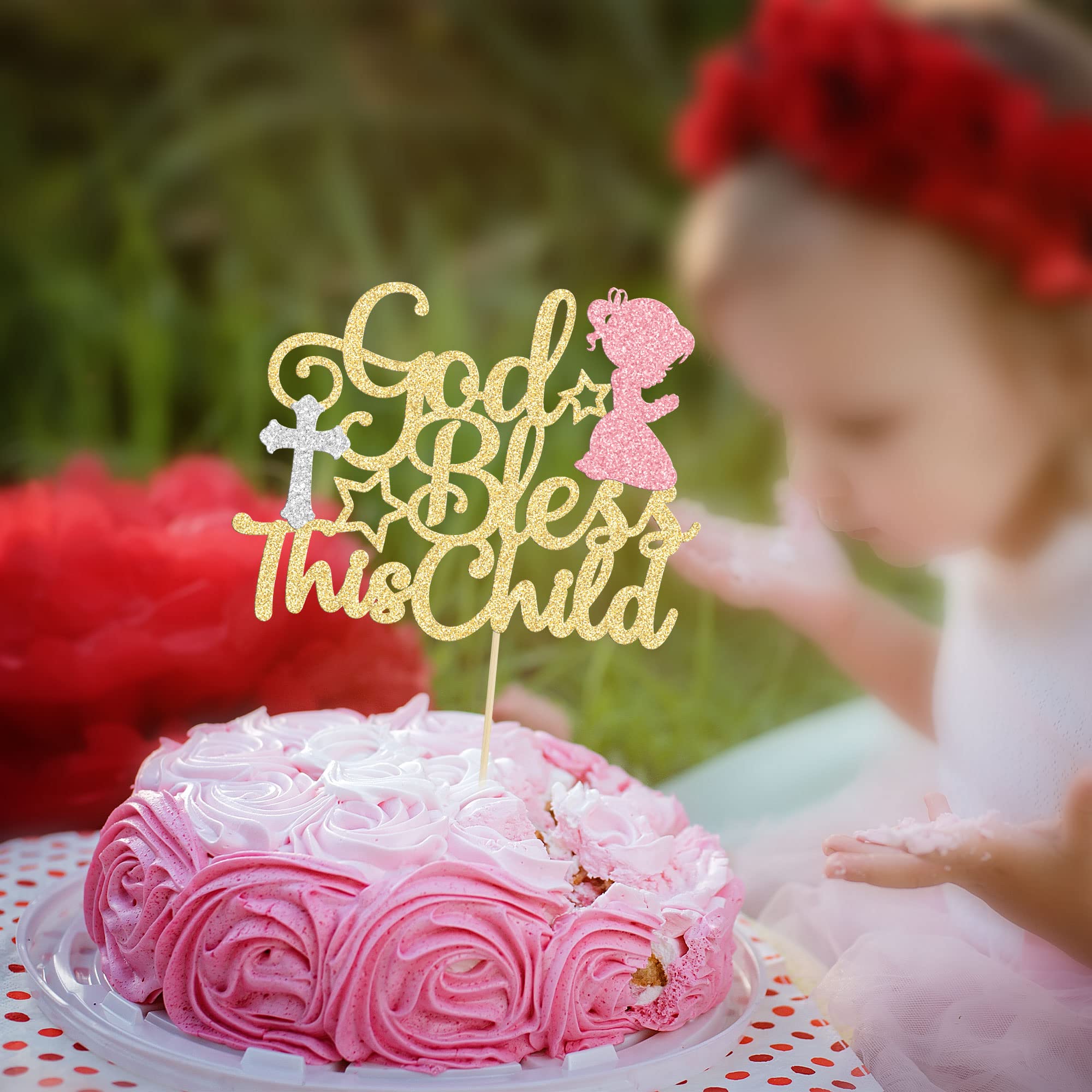 God Bless This Child Cake Topper - Glitter Baptism Decor for Baby Shower, Birthday & Christmas Parties - 1 Pack Cake Pick Decoration Supplies for Celebrations & Special Occasions