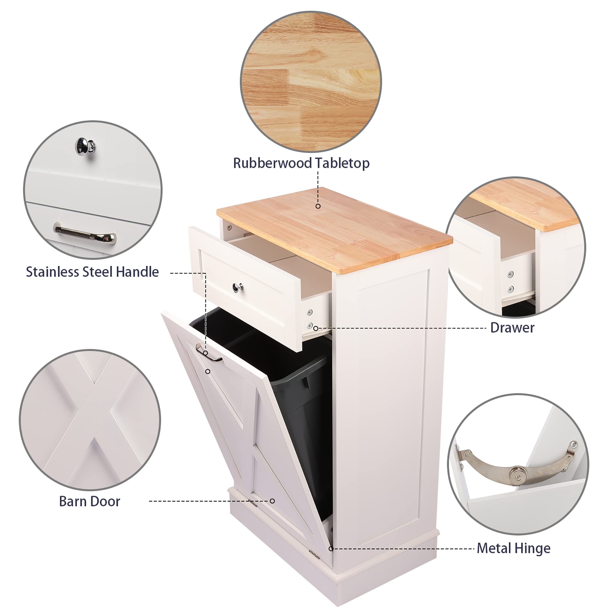 10 Gallon Wooden Tilt-Out Trash Cabinet - Free Standing Laundry Sorter & Recycling Bin with Hideaway Drawer - White Kitchen Waste Storage Solution for Home, Office, and Utility Rooms