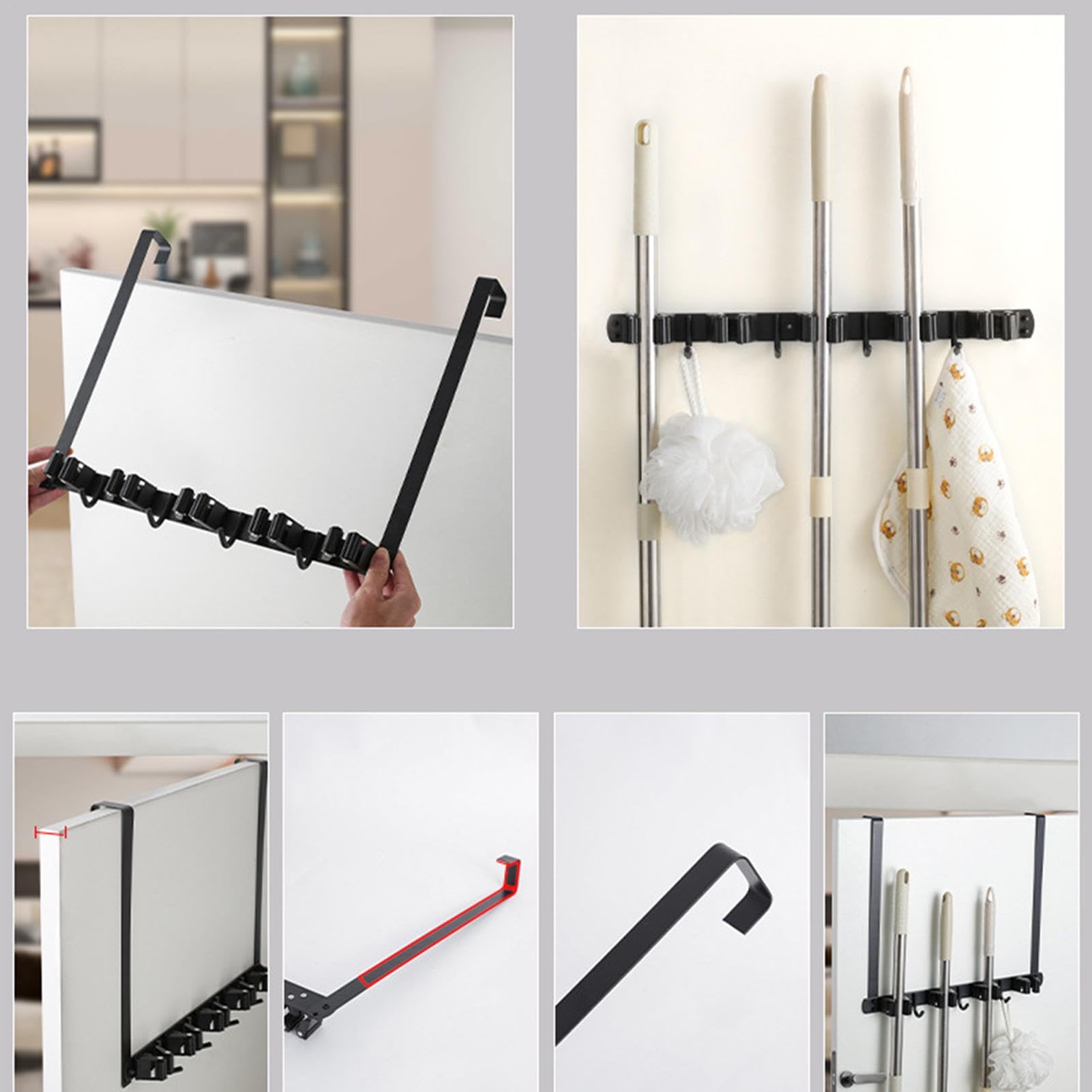 Wall Mounted Broom Holder - No Drill Mop Hanger for Kitchen, Bathroom, Home & Office | Space Saving Storage Organizer for Brooms, Mops & Cleaning Tools