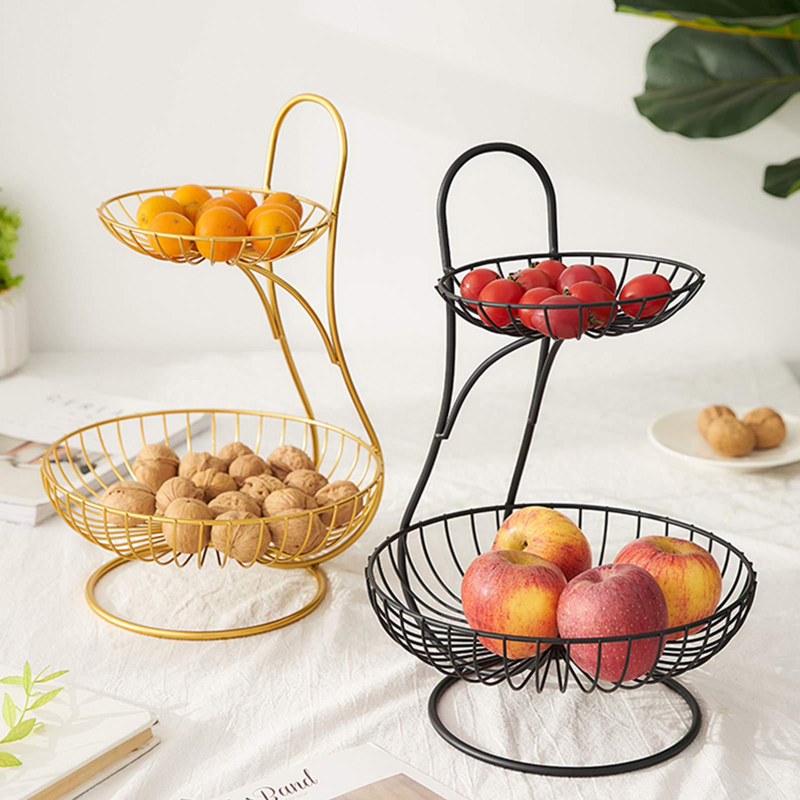 2 Tier Modern Fruit Basket for Kitchen Counter - Black/Gold & Gold - Stylish Storage for Fruits, Bread, Snacks & Vegetables - Perfect for Dining Table Display & Home Decor