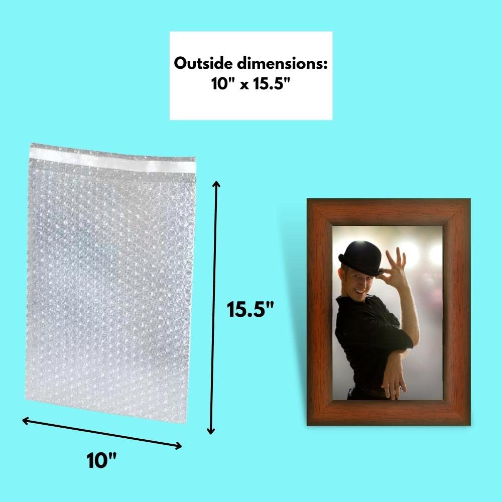 PSBM 10x15.5 Inch Clear Self Seal Bubble Pouches - 250 Pack Air Cushion Bags for Moving & Shipping - Protect Fragile Items Without Tape - Perfect for Electronics, Glassware & Home Decor Packaging