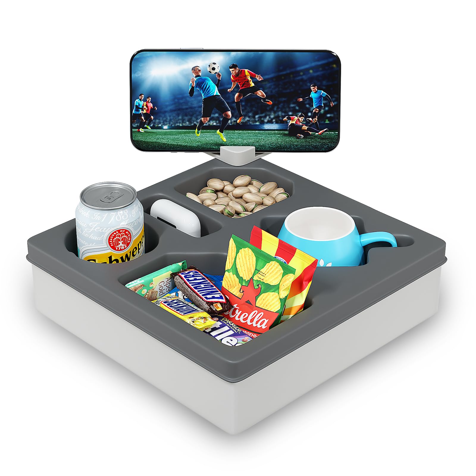 Rotatable Couch Caddy with Phone Holder & Cup Tray - Waterproof Sofa Organizer for Drinks, Snacks, Remote & Cellphone - Perfect for Living Room, Bedroom & Home Theater (Dark Gray)