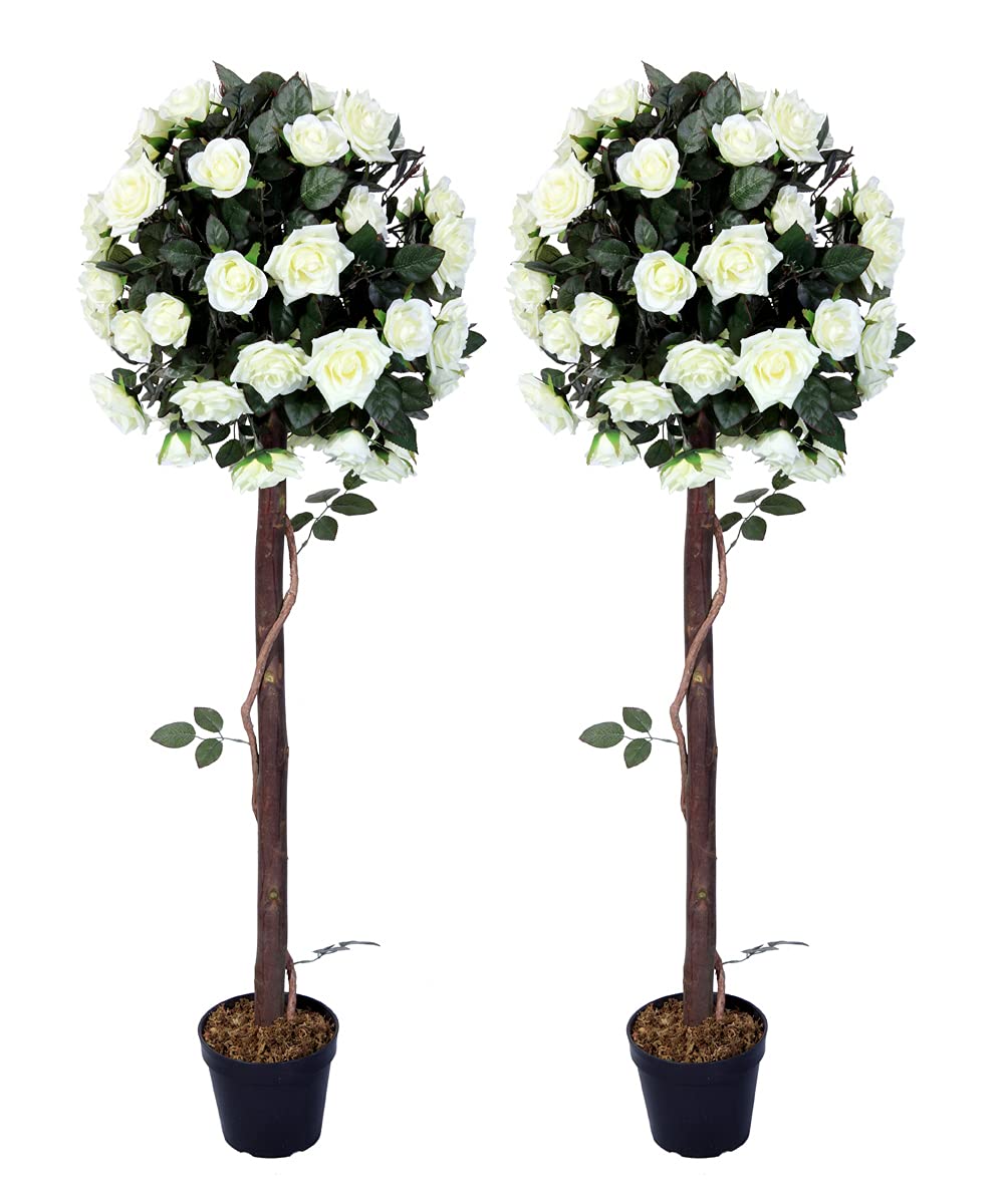 AMERIQUE Set of 2 Artificial Rose Trees - 4 Feet Tall with 48 Real Touch Flowers Each, Green & White Faux Plants in Nursery Pots - Perfect for Home Decor, Office, Wedding Centerpieces & Indoor Greenery