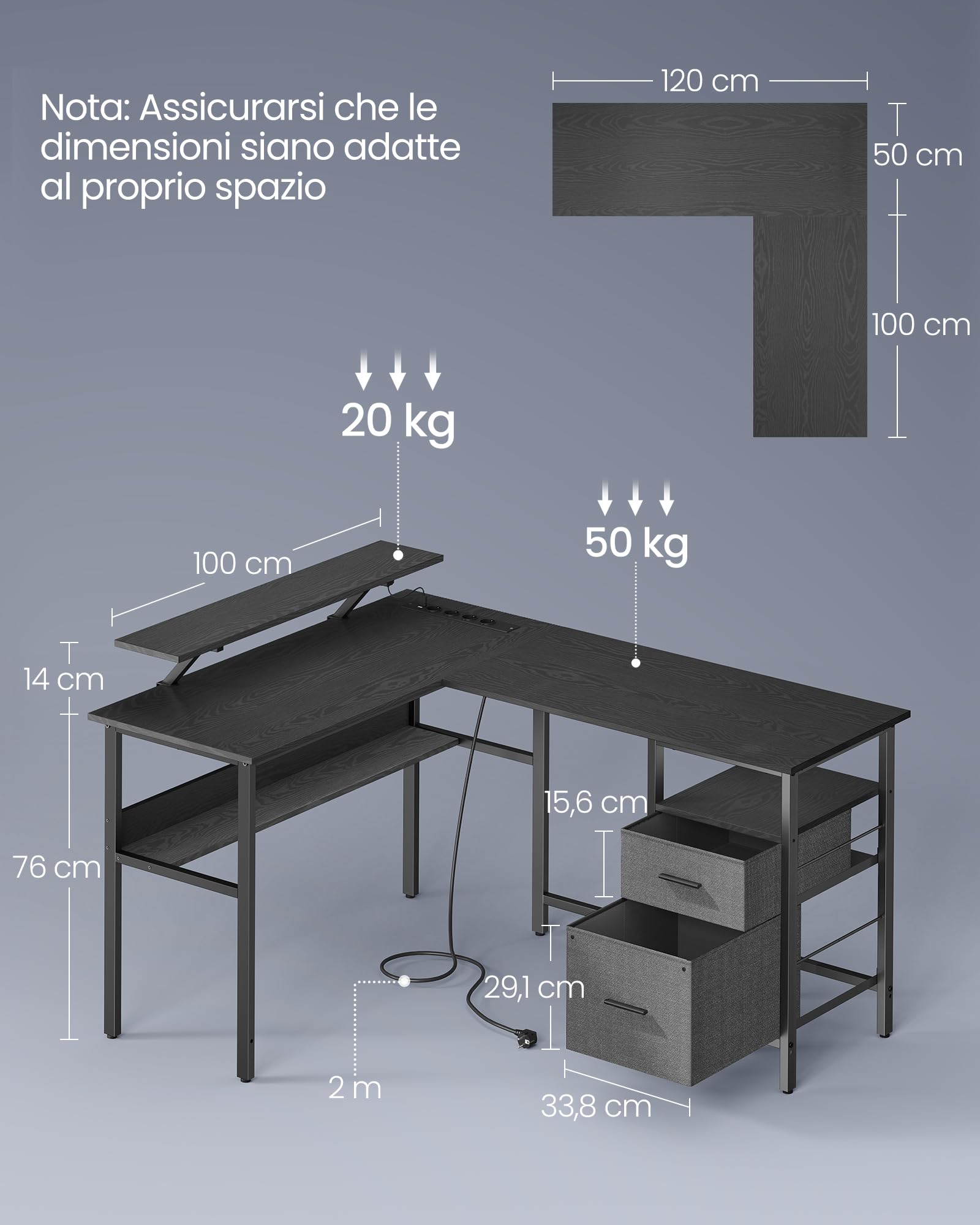VASAGLE L-Shaped Gaming Desk with Power Outlets, USB Ports & LED Lights - Corner Computer Desk with Monitor Stand, 2 Drawers - Black Ebano LWD095B01 - Perfect for Home Office, Gaming Setup & Small Spaces