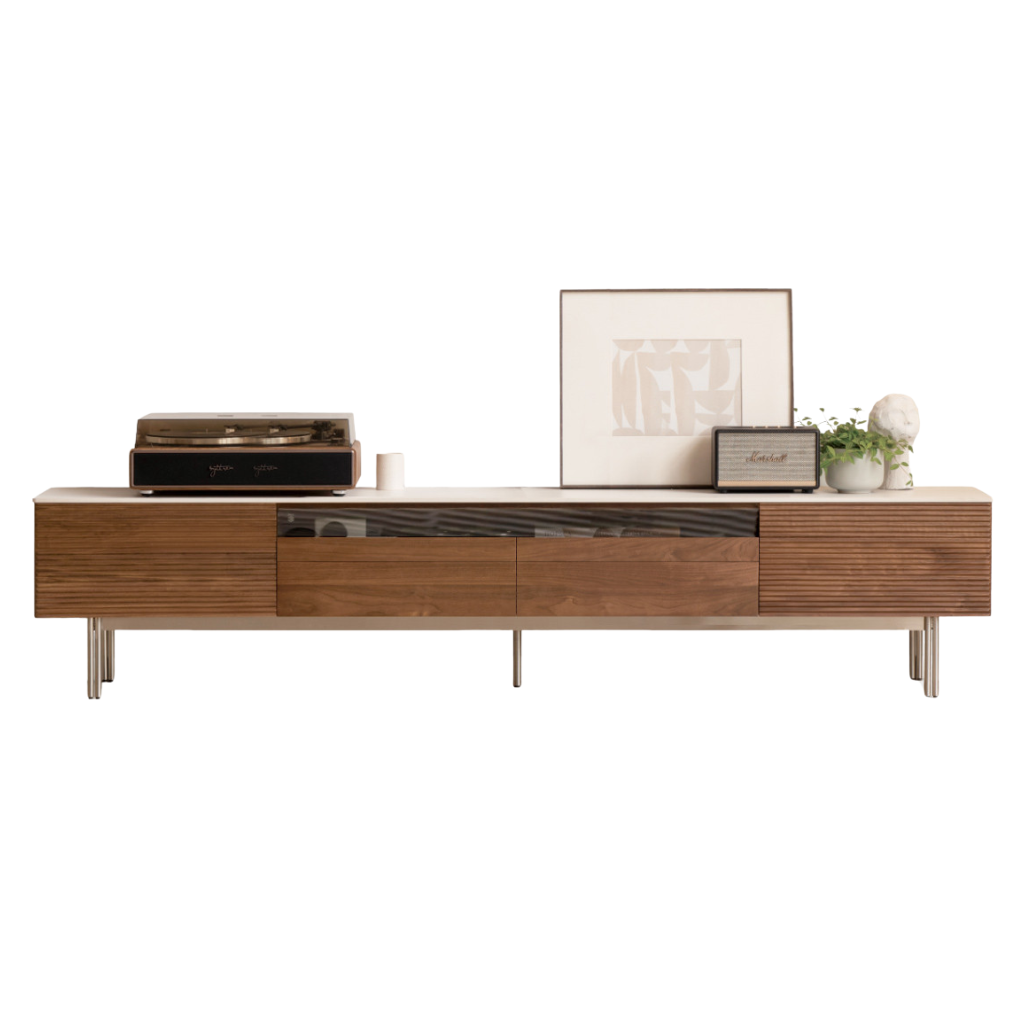 Modern Black Walnut Solid Wood TV Stand with Rock Panel Design - Stylish Entertainment Center for Living Room, Home Theater & Media Storage