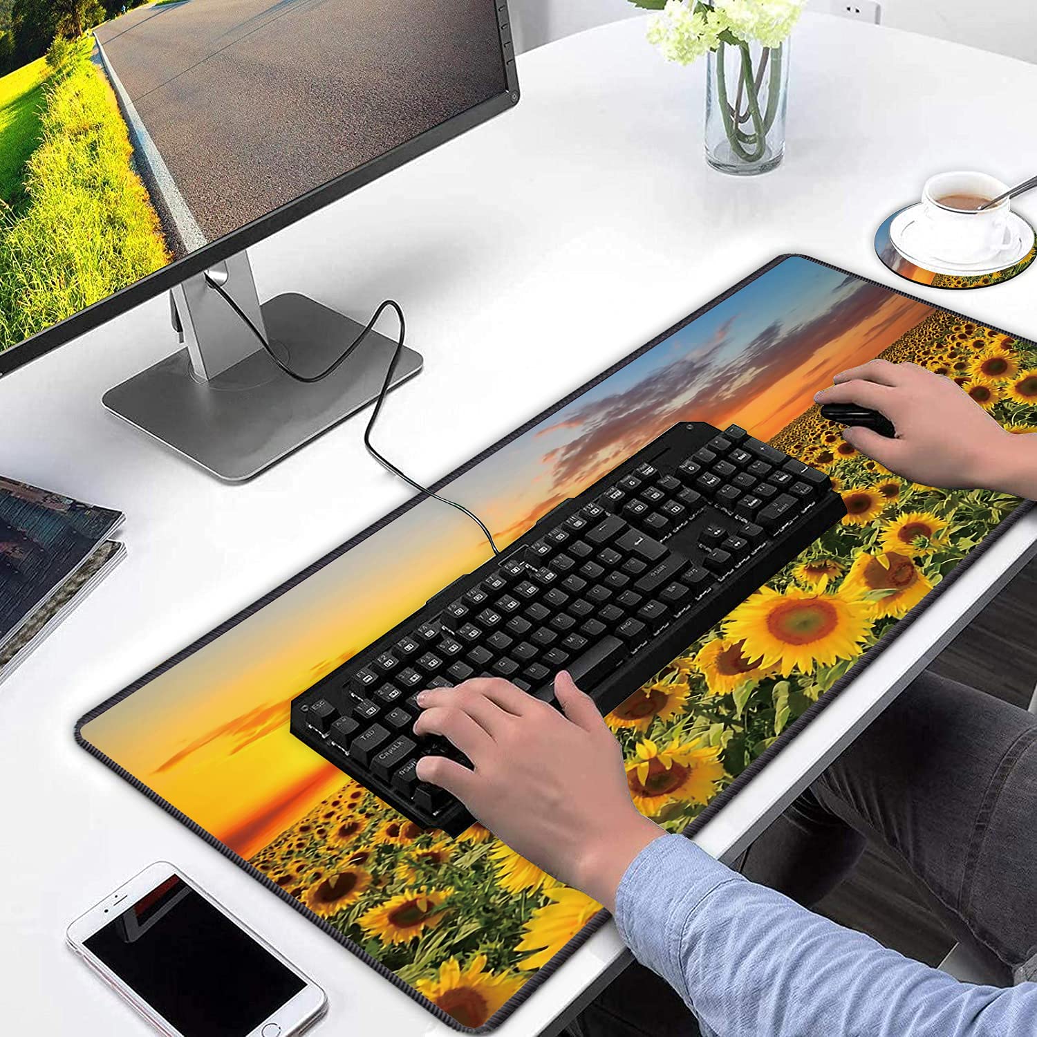 Extra Large Gaming Mouse Pad with Non-Slip Rubber Base - XXL Extended Keyboard Mouse Mat for PC, Laptop, Office & Study - Includes Free Cup Coaster - Sunflower Design for Gamers & Professionals (Perfect for Esports, Work & Home Office Setup)