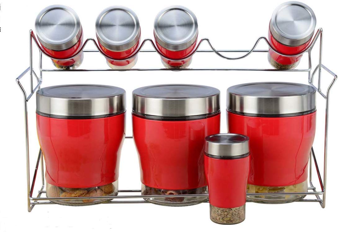 9-Piece Stainless Steel & Glass Spice Rack Set with Red Accents - Countertop Organizer for Kitchen, Pantry, or Dining Room Storage