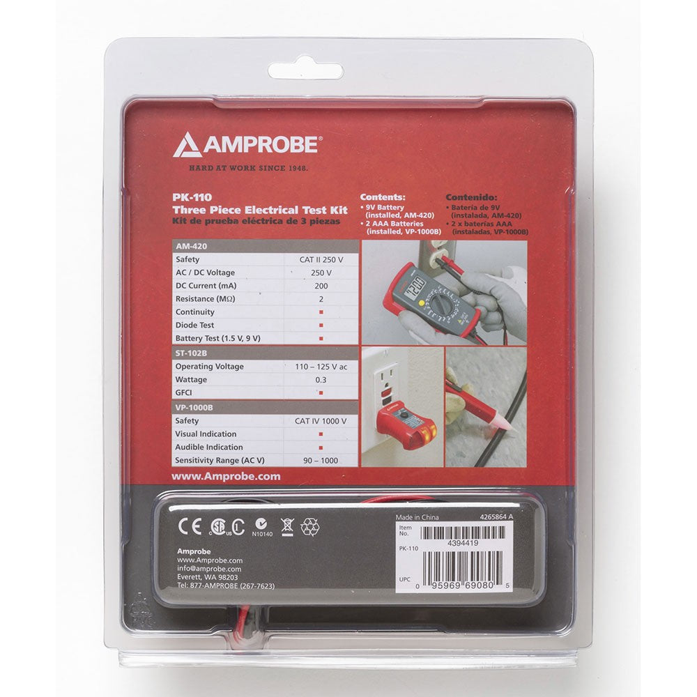 Amprobe 4394419 PK 110 Digital Multimeter Electrical Tester Kit with Voltage Probe - Professional Electrician Tools for Home, Car & Industrial Electrical Testing