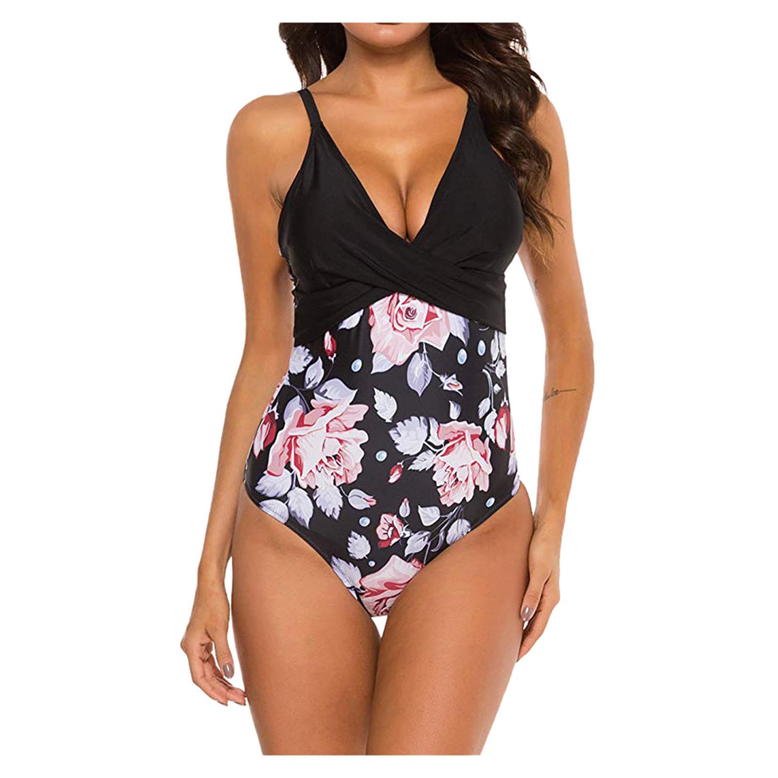 Women's One Piece Swimsuit with Front Strappy Cross Design - Floral Print Bathing Suit for Beach, Pool & Summer Vacations
