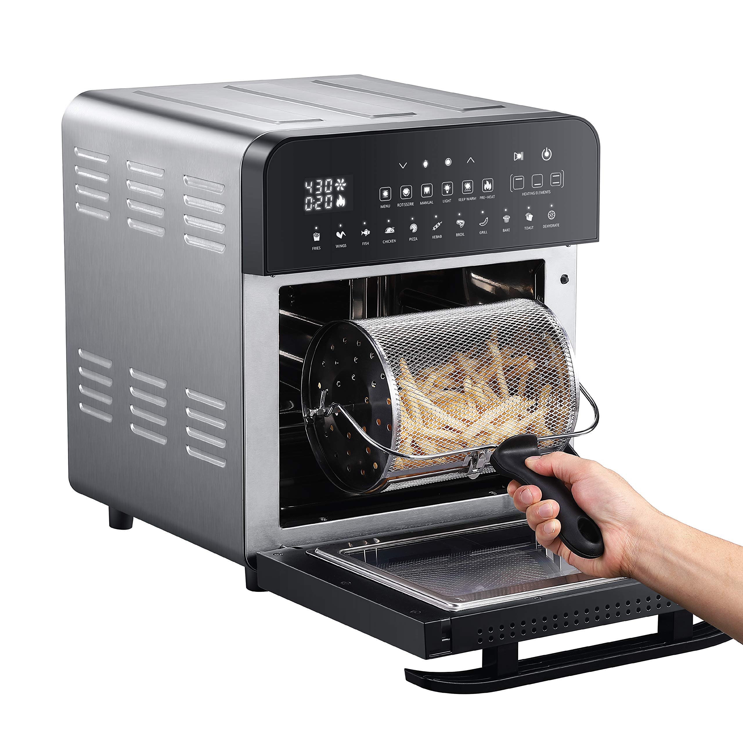 GoWISE USA 14.7-Quart Air Fryer Grill with Dual Heating Elements - 11-in-1 Oven with Rotisserie, Dehydrator, Preheat & Broil Functions - Includes 11 Accessories & 2 Recipe Books (Stainless Steel/Black) - Perfect for Healthy Cooking, Family Meals & Party Snacks