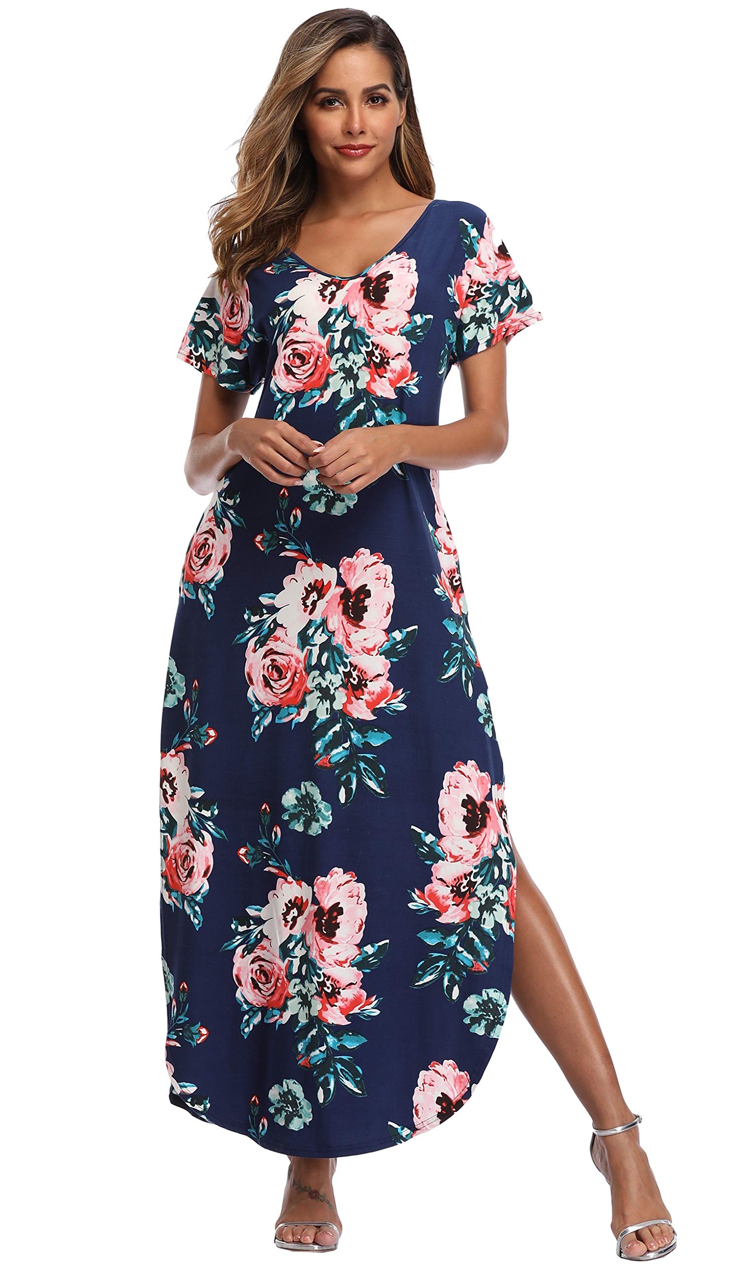 Floral Print Women's Maxi Dress - Long Casual Summer Dress with Pockets for Beach, Party & Vacation | Lightweight Flowy Boho Dress for Outdoor Events & Travel