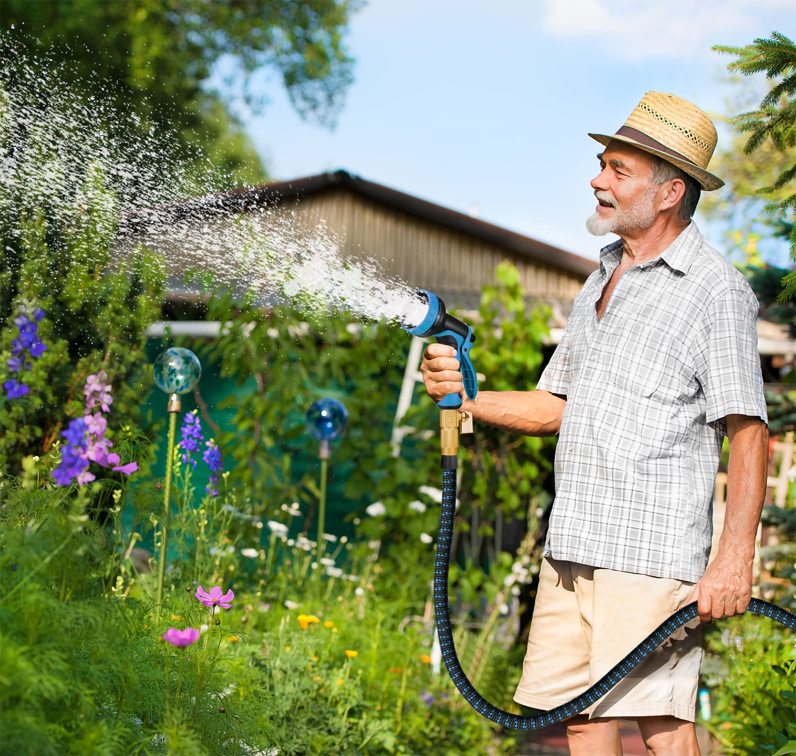 150 ft Expandable Garden Hose with 10-Function Spray Nozzle - Lightweight Flexible Water Hose with 5-Layer Latex Core & 3/4