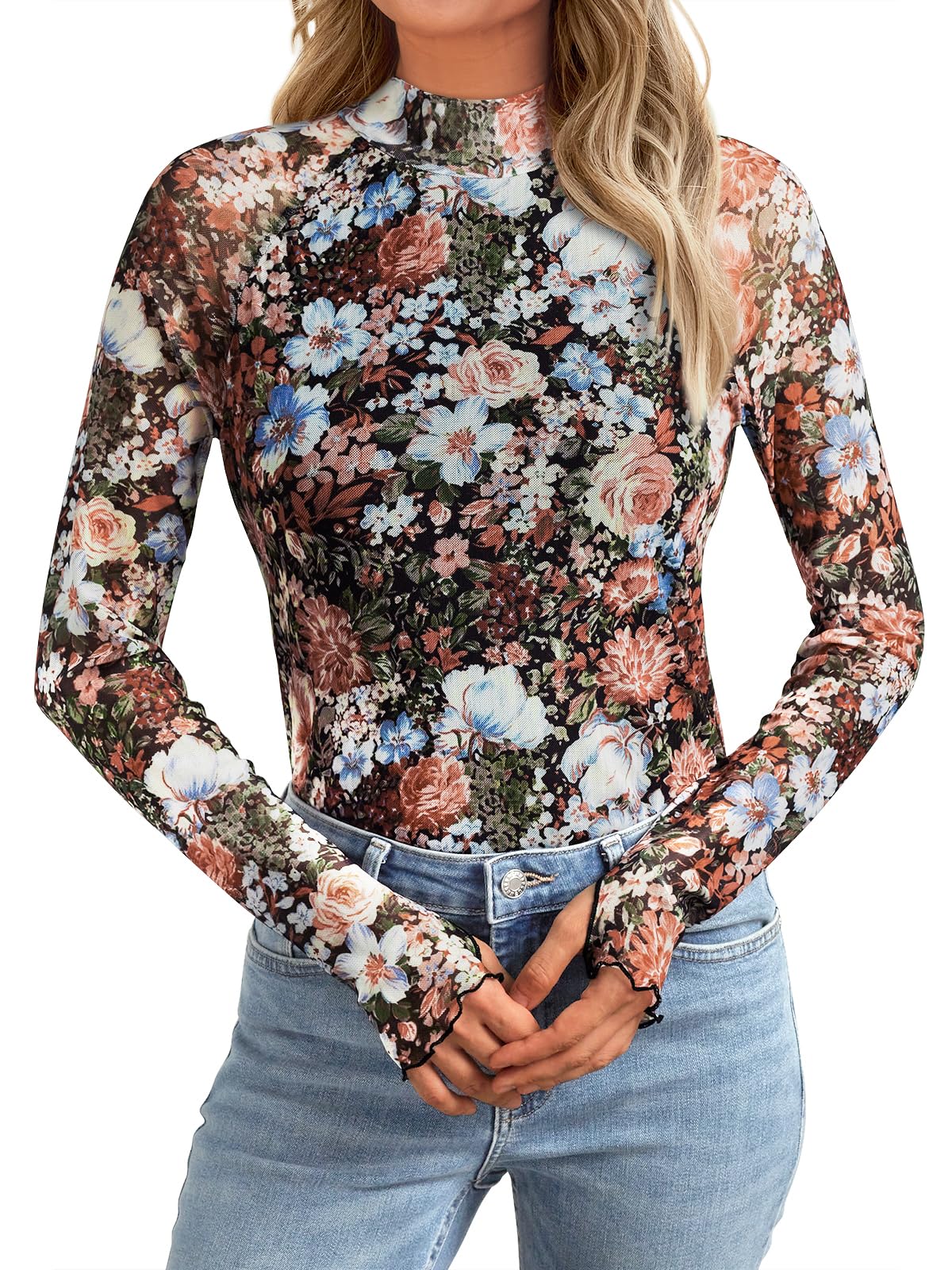 AUTOMET Women's Long Sleeve Lace Floral Mesh Mock Neck Top - Elegant Spring Fashion Blouse for Party, Date Night & Special Occasions 2025