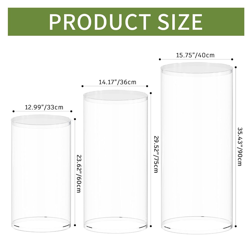 Maytopia 3-Piece Clear Cylinder Pedestal Stand Set - Round Acrylic Display Risers for Wedding Cakes, Bridal Showers, Birthday Parties & Home Decor | Perfect for Dessert Tables, Floral Arrangements & Event Centerpieces