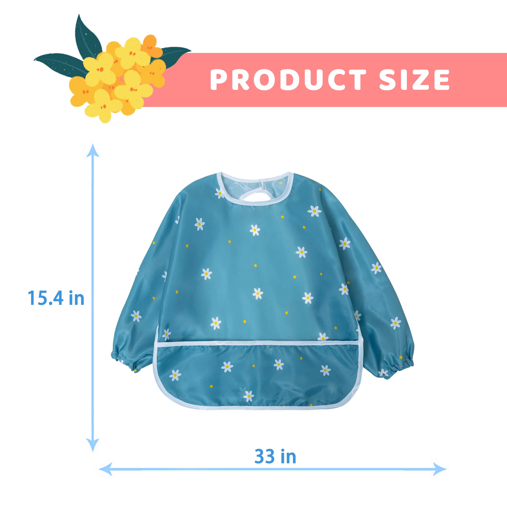 Waterproof Long Sleeve Baby Bib with Food Catcher - Toddler Weaning Coverall Set for 6-36 Months | Flower Pattern | Easy to Wipe Clean | Perfect for Messy Meals & Self-Feeding Practice