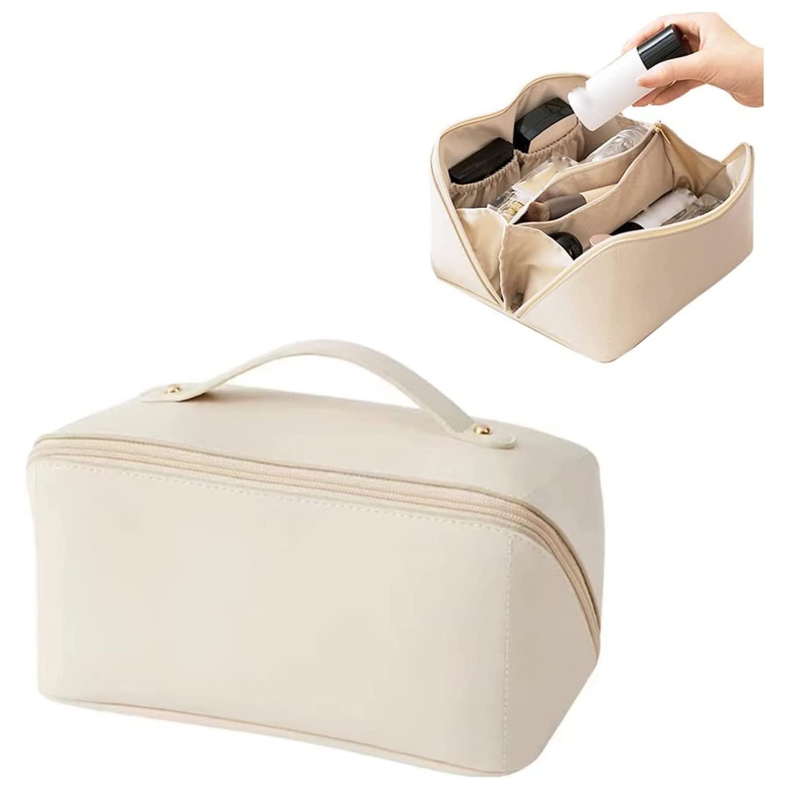 Waterproof Large Travel Cosmetic Bag Organizer - Portable Makeup & Toiletry Case for Women, Opens Flat for Easy Access, Perfect for Overnight Trips, Daily Use, Cosmetics Storage & Pencil Organization (White) - Ideal for Travel, Gym, Work & Home Organization