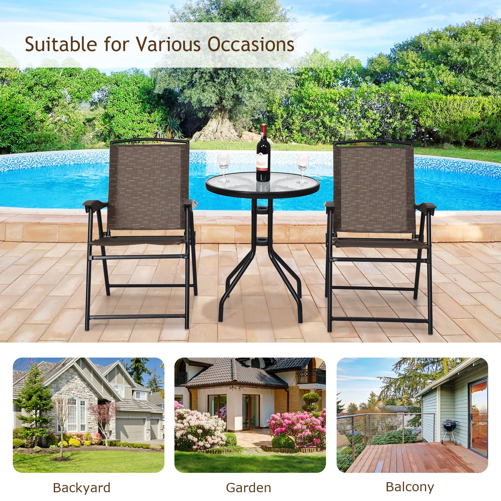 LUARANE 3-Piece Outdoor Bistro Set - Folding Patio Table & 2 Chairs with Textured Glass Top - Perfect for Balcony, Porch, Backyard, Garden & Small Outdoor Spaces | Ideal for Morning Coffee, Relaxing & Entertaining Guests