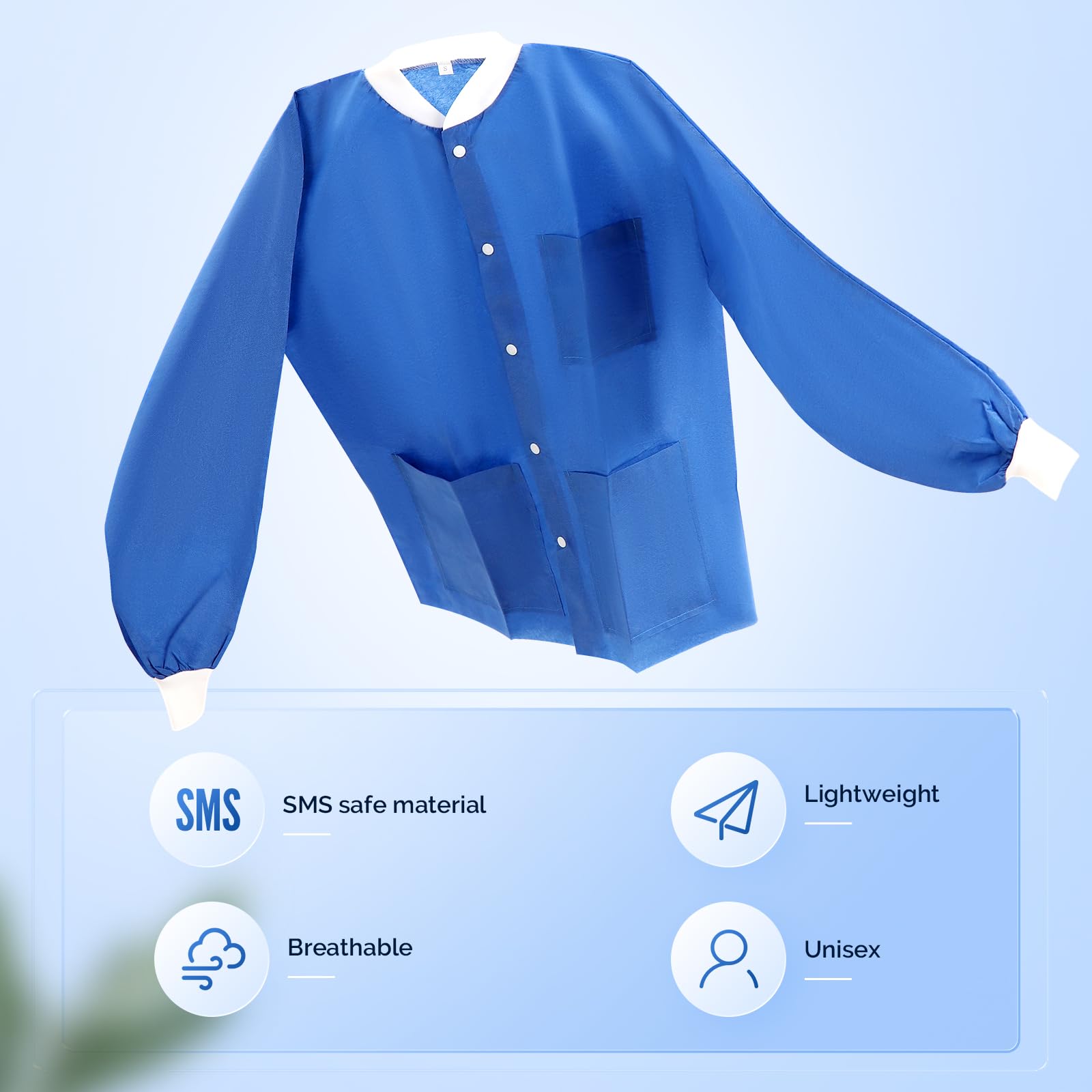 JMU 10-50 Pack Disposable Lab Coats for Men & Women - SMS Medical Jackets with Knit Cuffs & Collar, 3 Pockets - Ideal for Hospitals, Labs, Cleanrooms & Healthcare Workers