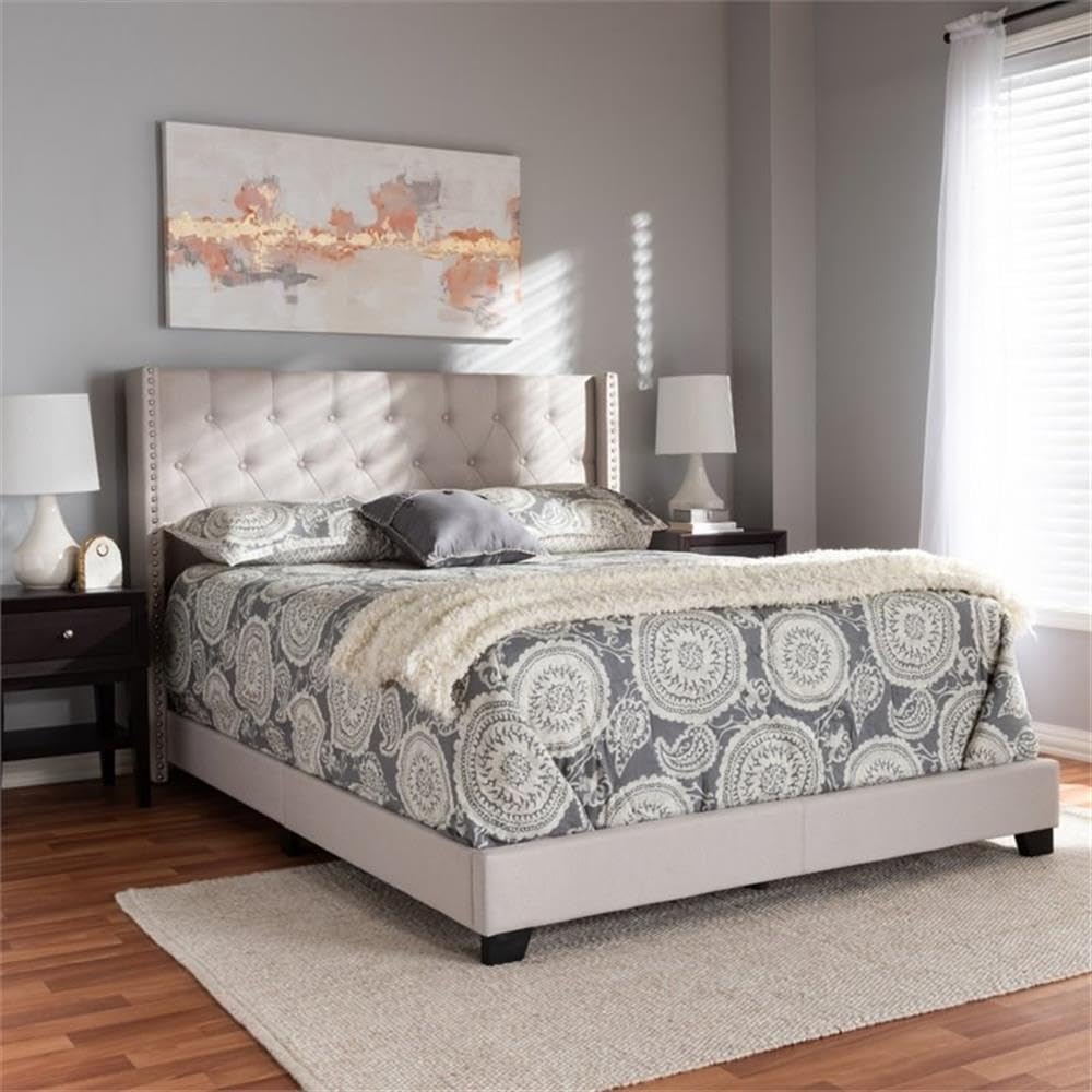 BOWERY HILL Modern Upholstered Fabric Tufted King Size Bed Frame in Beige - Luxury Bedroom Furniture for Master Suite & Guest Room