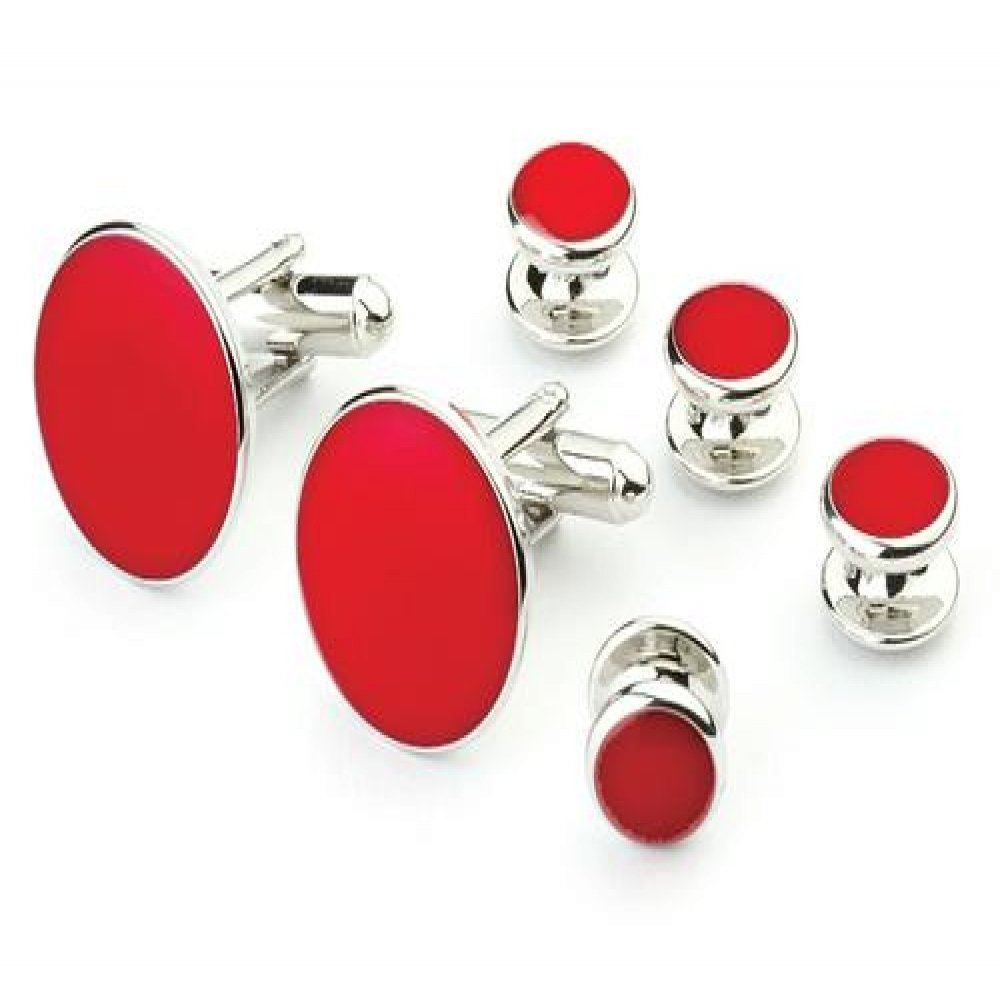 Elegant Red Tuxedo Studs and Cufflinks Set with Silver Trim - Perfect for Weddings, Prom, and Formal Events