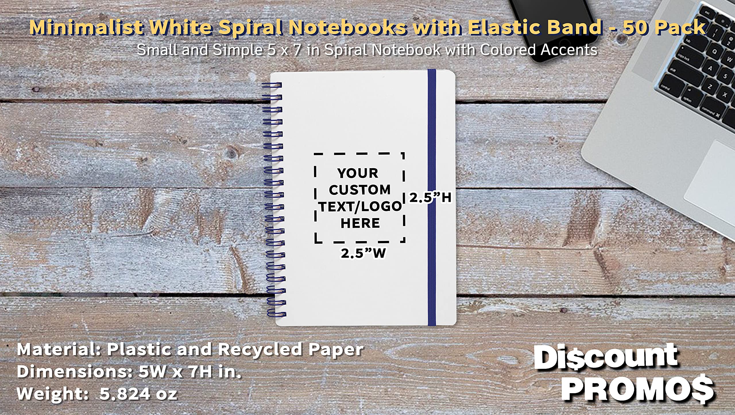 50 Pack White Spiral Notebooks with Elastic Closure - Customizable Cover Text & Logo - 80 Lined Pages, Eco-Friendly Recycled Paper - Perfect for Office, School & Journaling