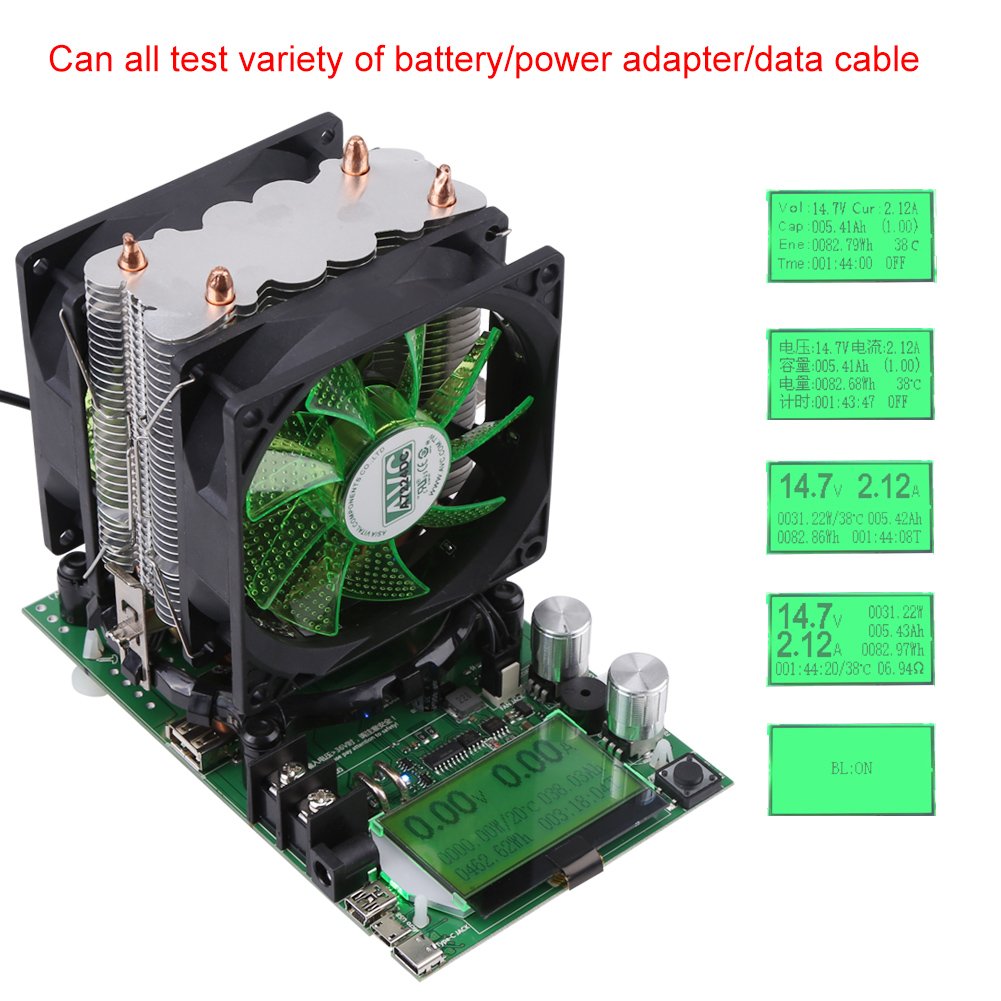 180W Adjustable USB Load Battery Tester with LCD Display - Constant Current Electronic Load Module for Power Bank Capacity Testing, Includes Heatsink Fan - Perfect for DIY Electronics, Battery Testing & Power Supply Analysis