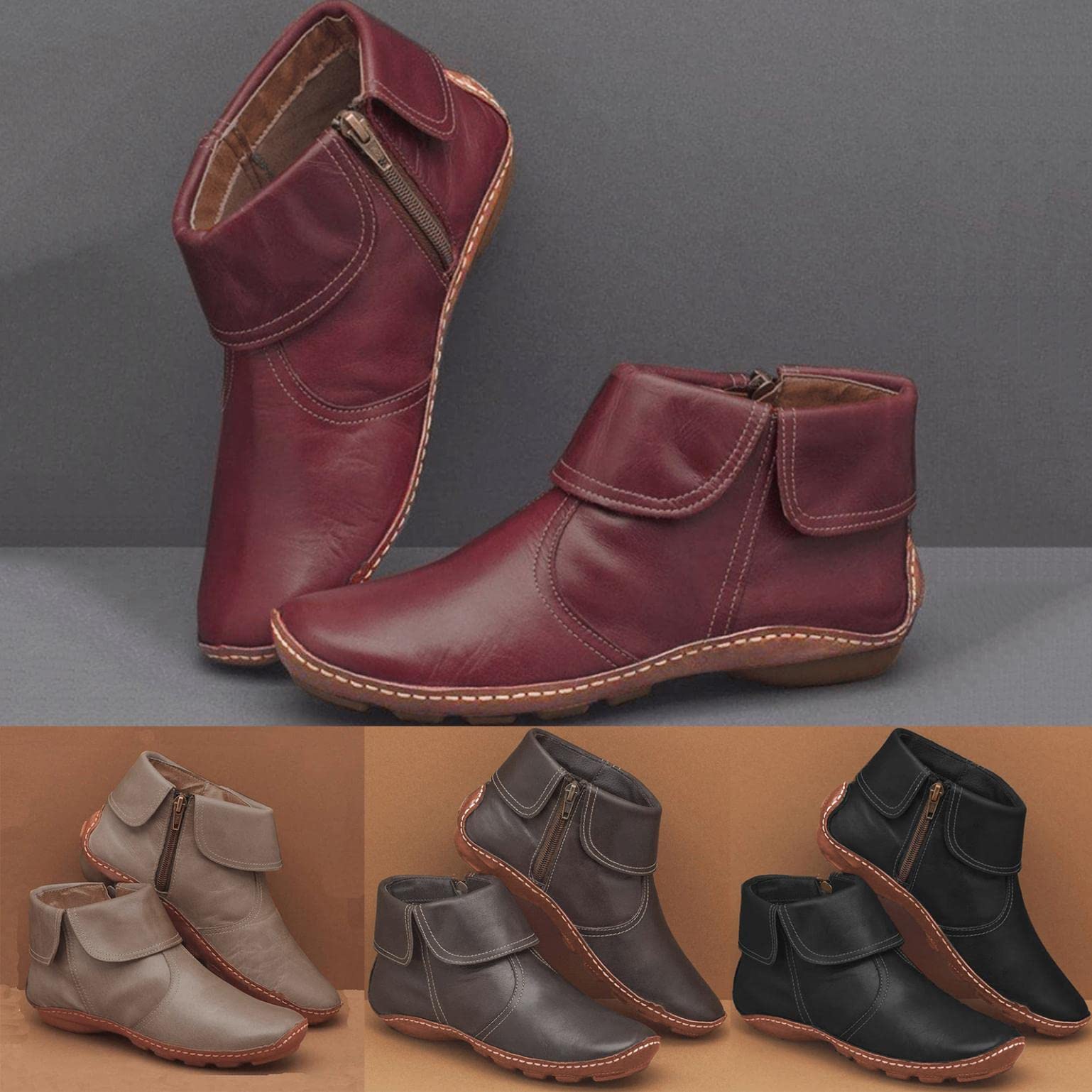 Women's Vintage Ankle Booties - Flat Heel Lace Up & Side Zip Fashion Boots with Arch Support | Perfect for Fall Outfits, Casual Wear & Office Looks