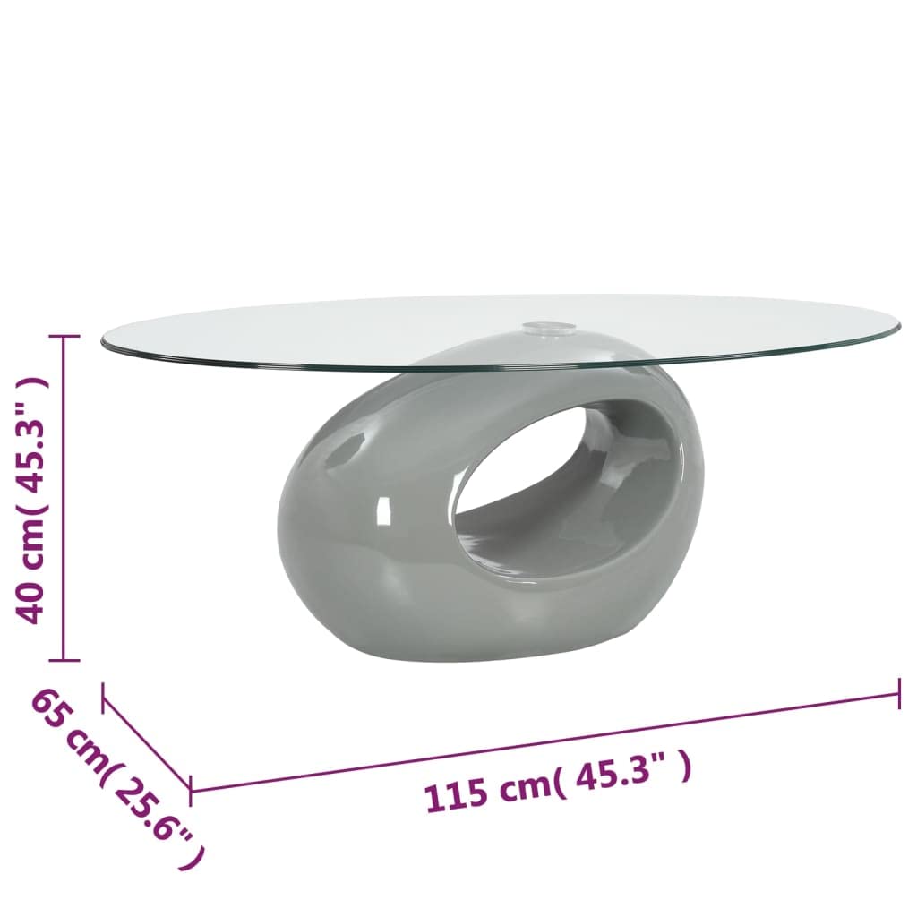 Modern Oval Glass Top Coffee Table - High Gloss Gray Finish for Living Room, Lounge & Office Decor