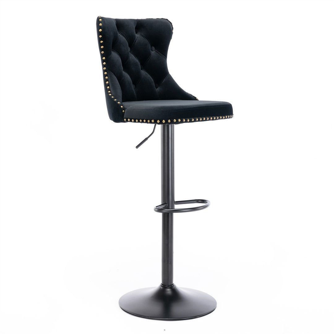 Adjustable Height Swivel Bar Stool with Velvet Upholstery & Nailhead Trim - Footrest Included - Perfect for Kitchen Islands, Home Bars & Dining Counter Seating