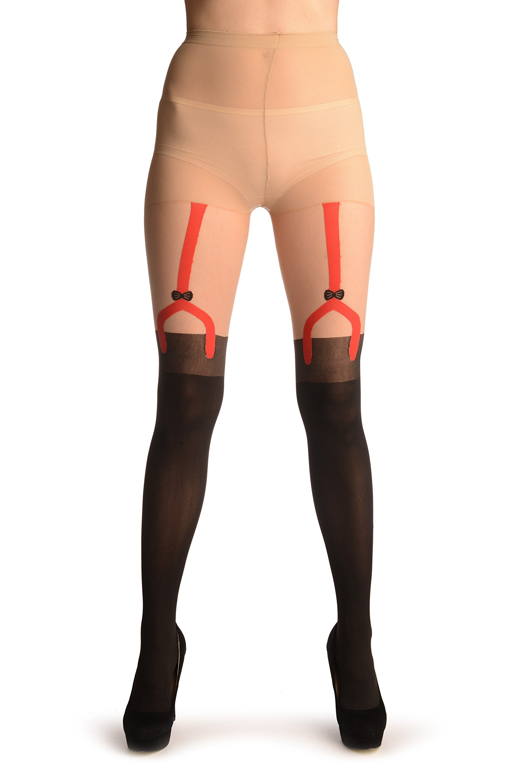 LissKiss Black Faux Stockings with Red Garter Belt - Sexy Pantyhose & Tights for Women | Perfect for Valentine's Day, Boudoir, and Special Occasions