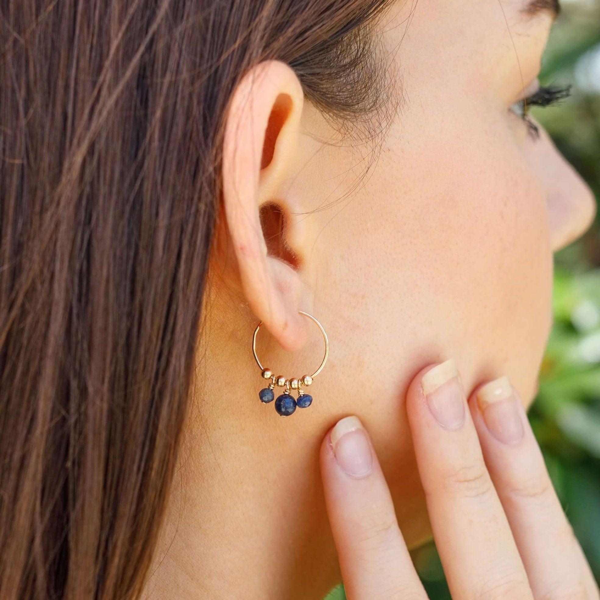 Natural Blue Sapphire Gemstone Beaded Drop Hoop Earrings for Women - Elegant Dangle Jewelry for Parties, Weddings & Special Occasions