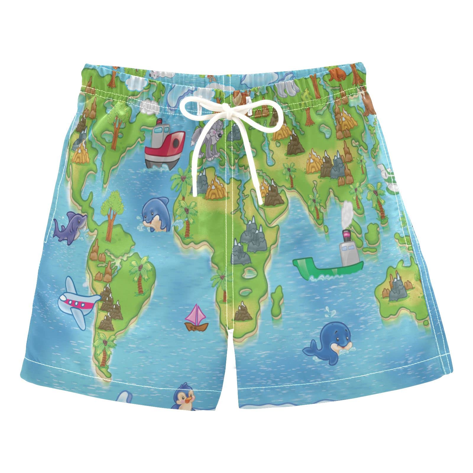 AMICHIC Boys Kids World Map Swim Trunks - Quick Dry Board Shorts for Beach, Surf & Pool - Hawaii Vacation Essentials - Perfect for Swimming, Summer Camp & Water Sports