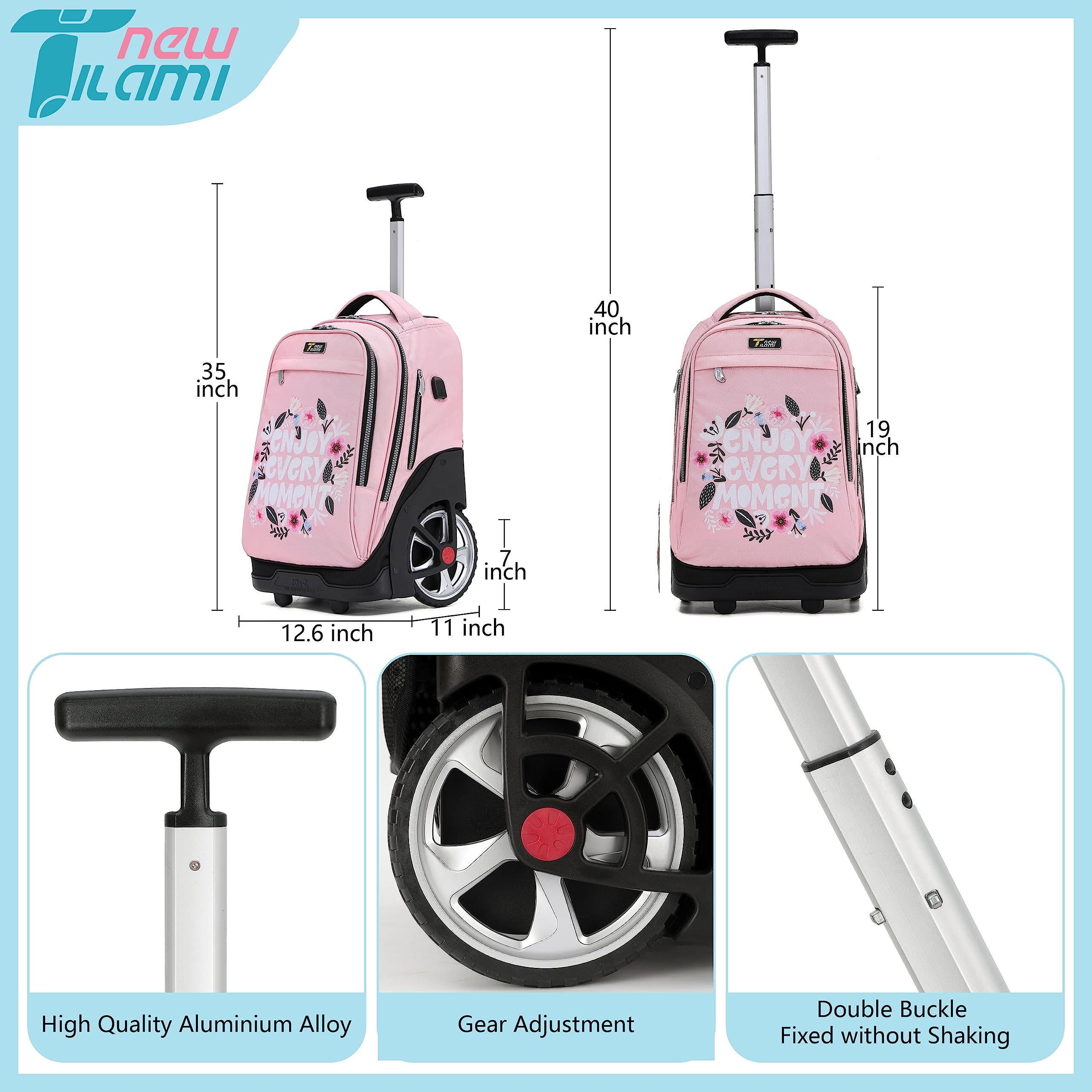 TILAMI 19 Inch Rolling Backpack for Teens - Cute Wheeled Laptop Backpack, Pink Floral Design - Perfect for School, College, Travel & Work Commute