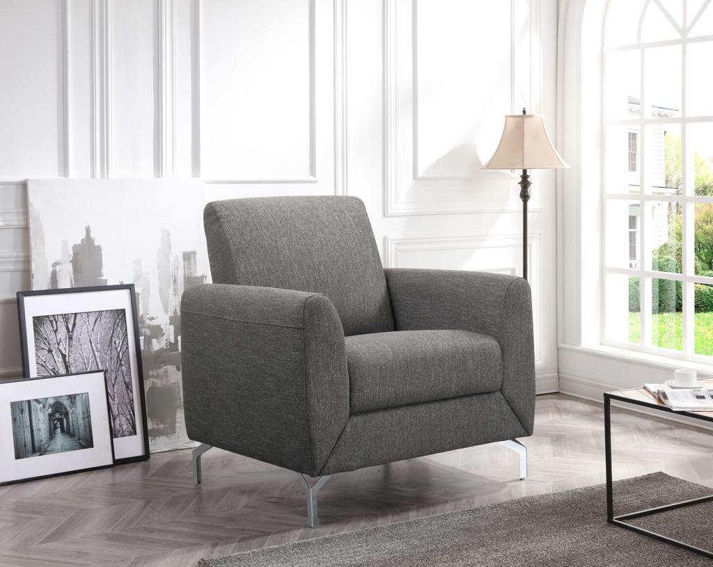 Modern Grey Fabric Living Room Set with Chrome Accents - Stylish Sofa & Loveseat for Contemporary Home Decor | Perfect for Small Spaces & Apartments