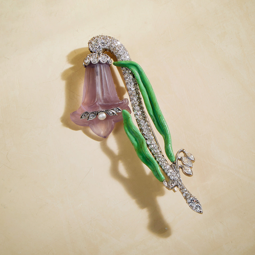 Exquisite Carved Amethyst and Diamond Bluebell Flower Brooch Pin - Elegant Vintage Jewelry for Women, Perfect for Weddings, Parties & Special Occasions