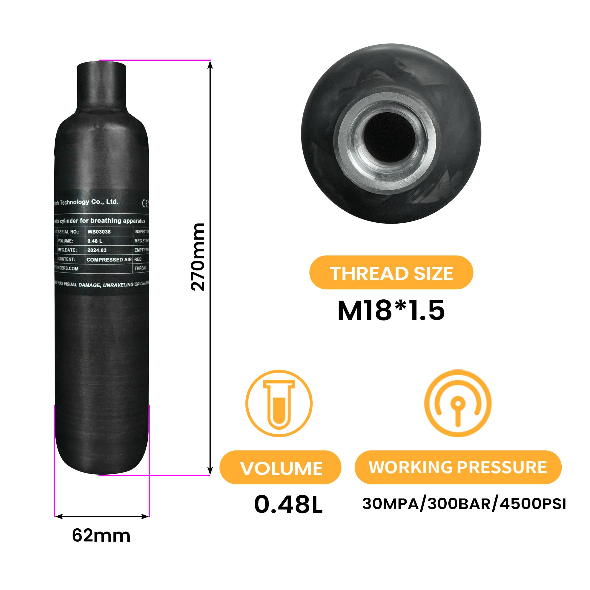 TUXING 4500Psi PCP Air Tank - 0.48L (29Cu in) Carbon Fiber HPA Cylinder for Paintball, Hunting & PCP Air Rifles - Compatible with Daystate & FX (M18x1.5 Thread) - Perfect for Outdoor Sports, Target Practice & Airgun Enthusiasts