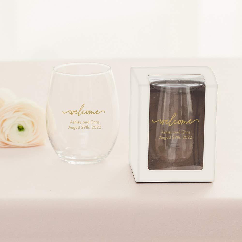 Personalized Large Stemless Wine Glass 15oz - 36 Pack Bulk Set for Weddings, Parties & Events | Custom Engraved Couple Gift, Bridal Shower Favors, Anniversary Celebration