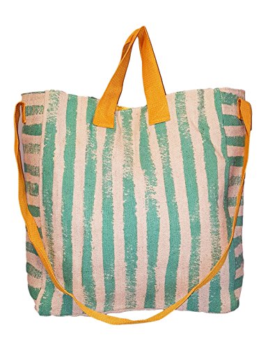 2 in 1 Large Beach Tote Bag with Custom Embroidery - Mint Stripe & Gold Trim Crossbody Shoulder Bag for Women | Perfect for Travel, Shopping, Pool & Beach Day Outings