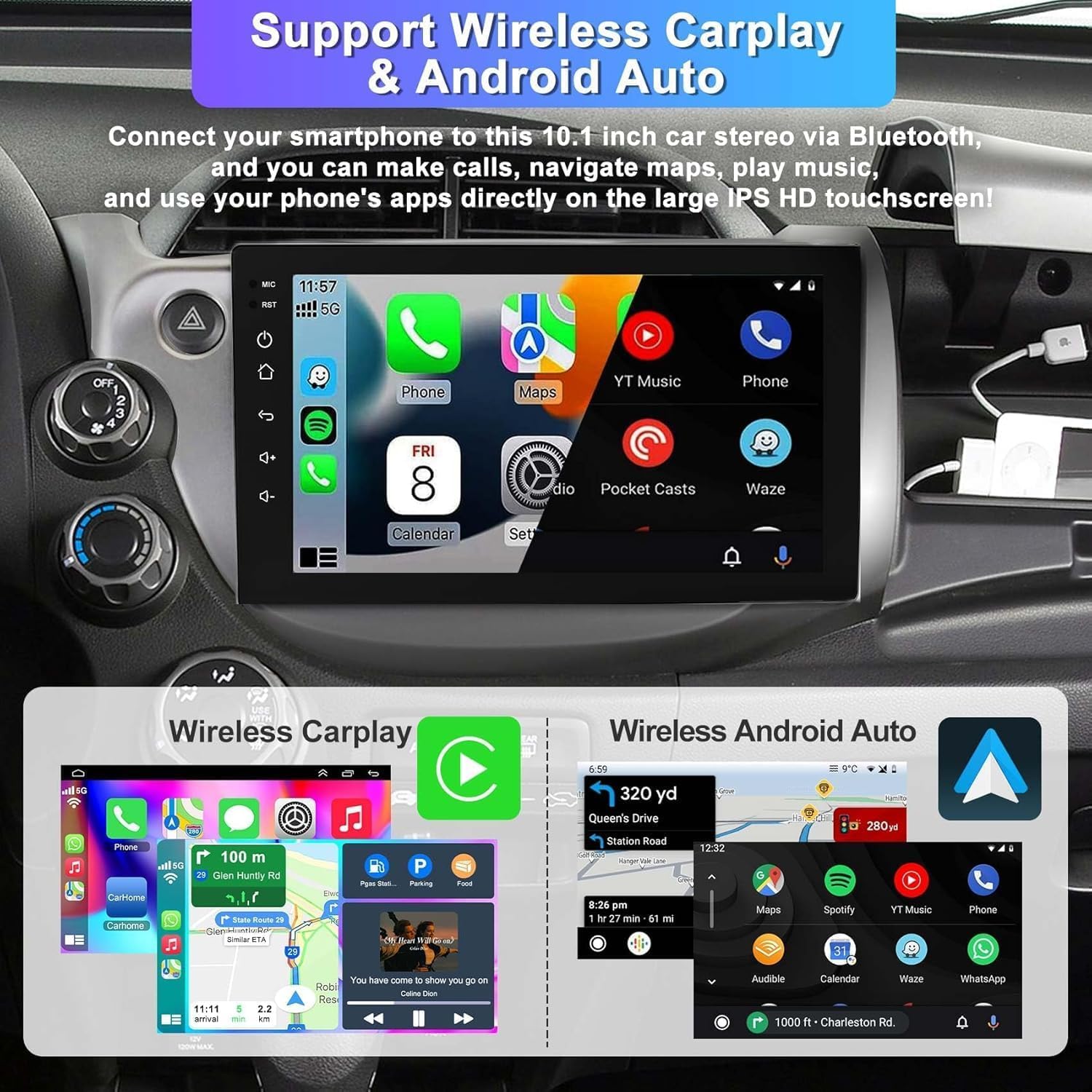 10.1 Inch IPS Touch Screen Car Stereo for Honda Fit 2008-2013 - 4G+64G Android Auto & Wireless CarPlay GPS Navigation System with Bluetooth 5.2/FM/Backup Camera/WiFi/SWC/HiFi - Perfect for Commuting & Road Trips