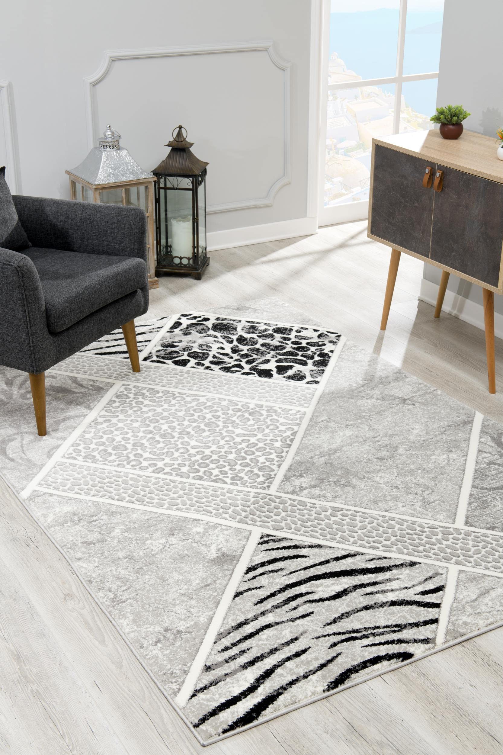 Modern Geometric Animal Print Grey Black Indoor Area Rug - 6' x 9' for Living Room, Bedroom, Dining Room & Kitchen | Soft & Durable Floor Mat for Home Decor, Pet-Friendly & Easy to Clean