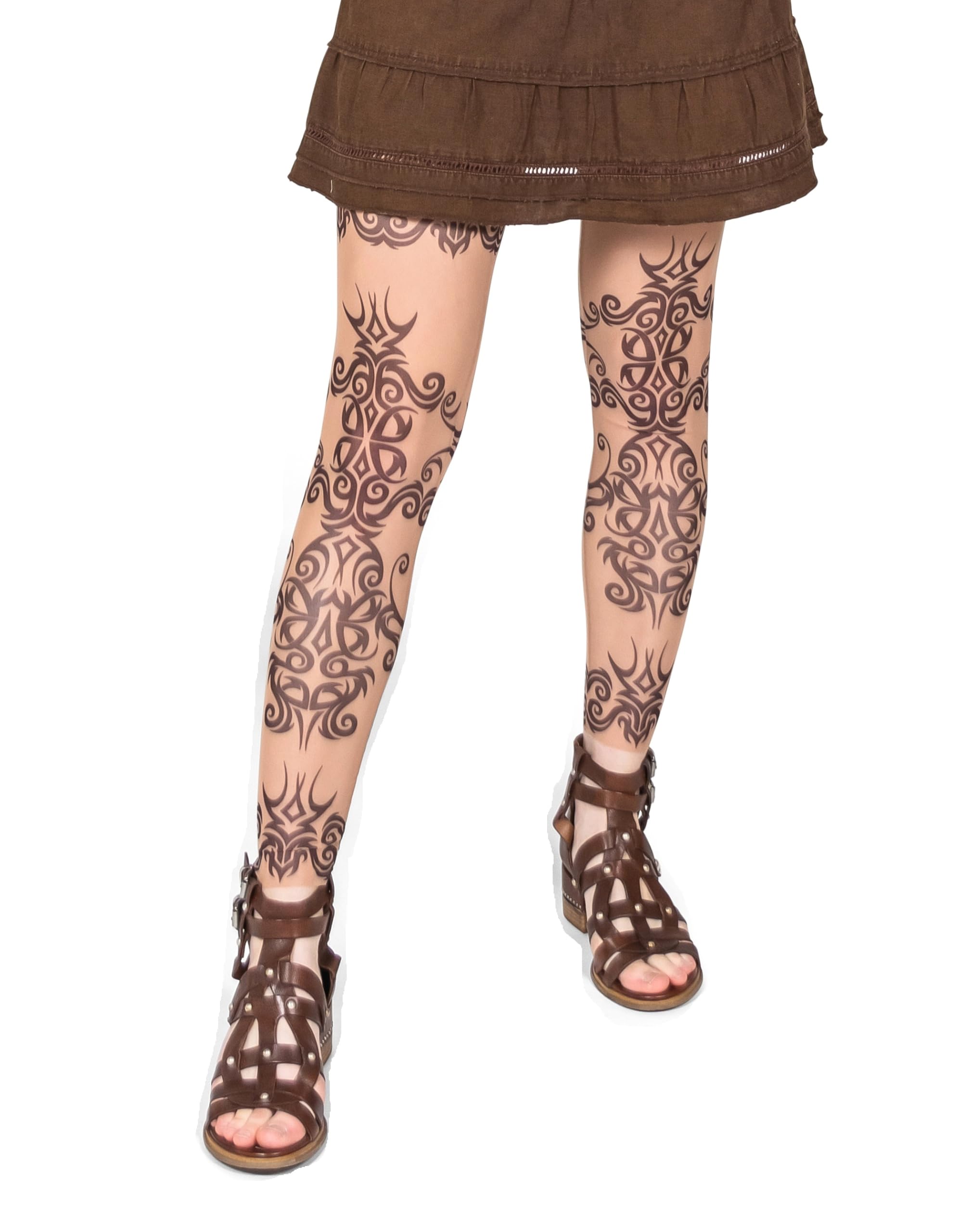 Wild Rose Ladies Mehndi Tattoo Mesh Leggings - Henna Blackwork Tan Floral Design Tights for Women - Perfect for Yoga, Dance, and Boho Fashion Outfits