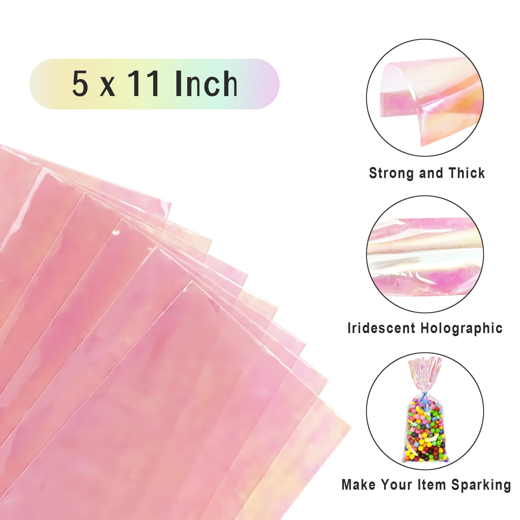 Yotelab 5x11 Inches Iridescent Holographic Easter Cellophane Treat Bags - 100Pcs Party Favors with Twist Ties for Easter Egg Hunt, Birthday Party, Baby Shower & Holiday Gift Wrapping