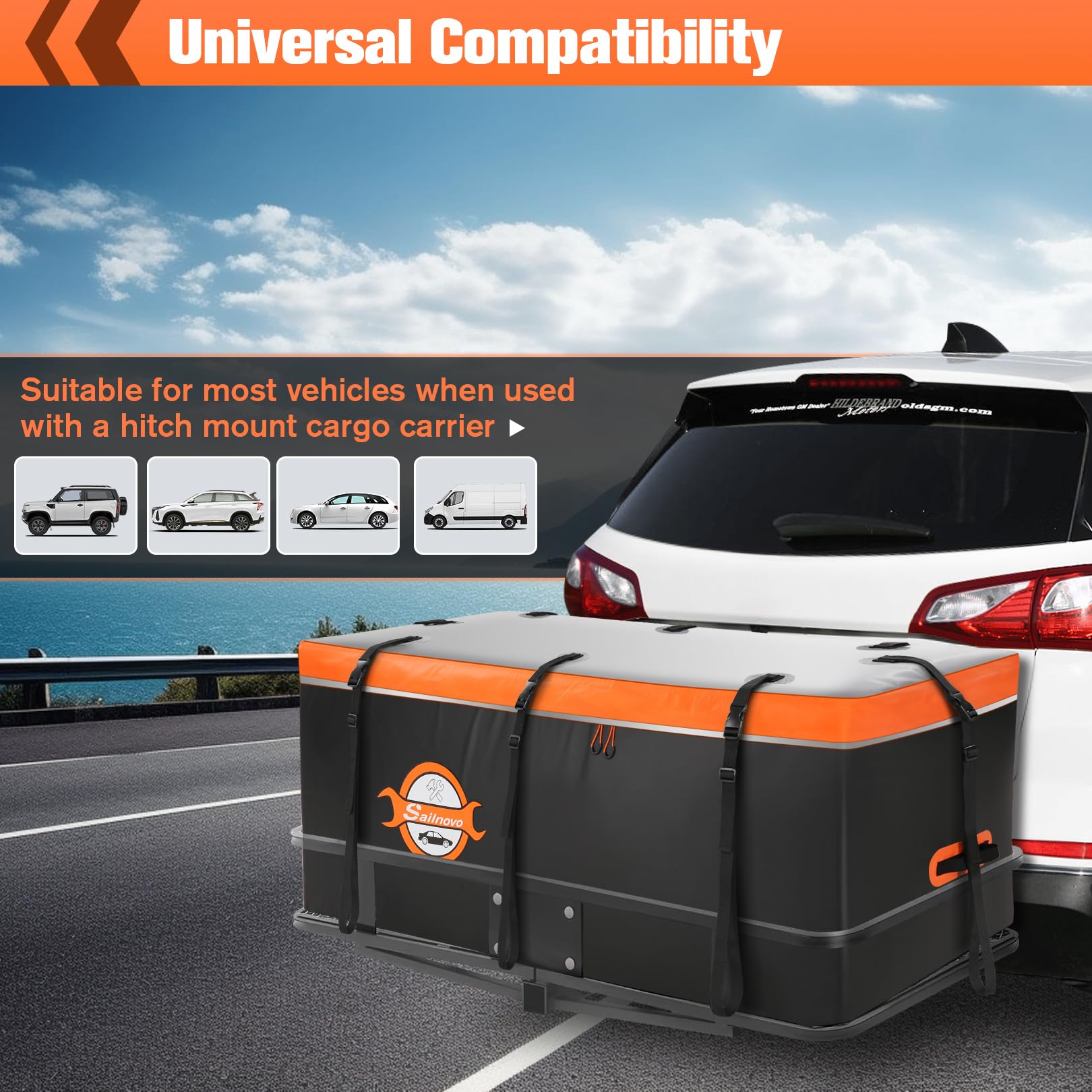 Sailnovo 20 Cubic Feet Waterproof PVC Hitch Cargo Carrier Bag - Heavy Duty with 8 Reinforced Straps, Combination Lock & Storage Bag - Perfect for Road Trips, Camping Gear & Outdoor Adventures