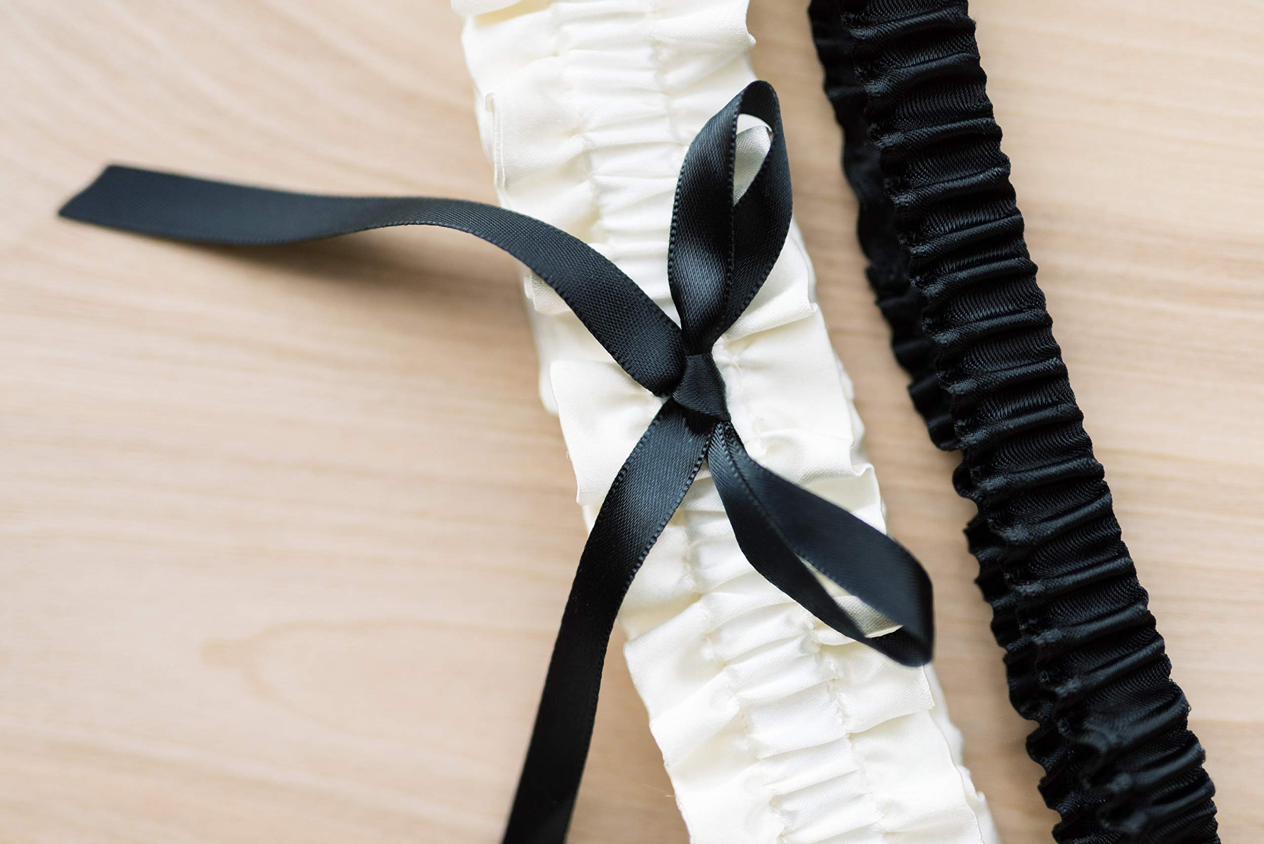 Ivory and Black Satin Bridal Garter Set - Elegant Wedding Garter Belt for Bride, Luxury Lace Garter with Bow, Perfect for Black Tie Weddings, Boudoir Photos & Something Blue Tradition