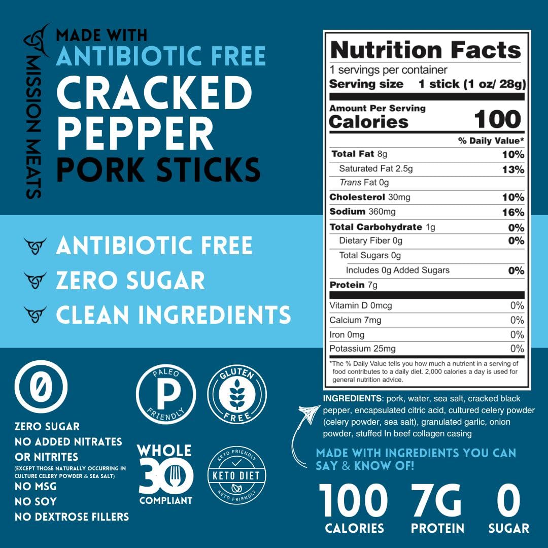 Mission Meats Cracked Pepper Pork Meat Sticks – Healthy Protein Snacks for Kids & Adults | Sugar Free, AIP Friendly, Paleo & Whole30 Approved | 1oz (Pack of 48) | Perfect for On-the-Go, Hiking & Lunchboxes