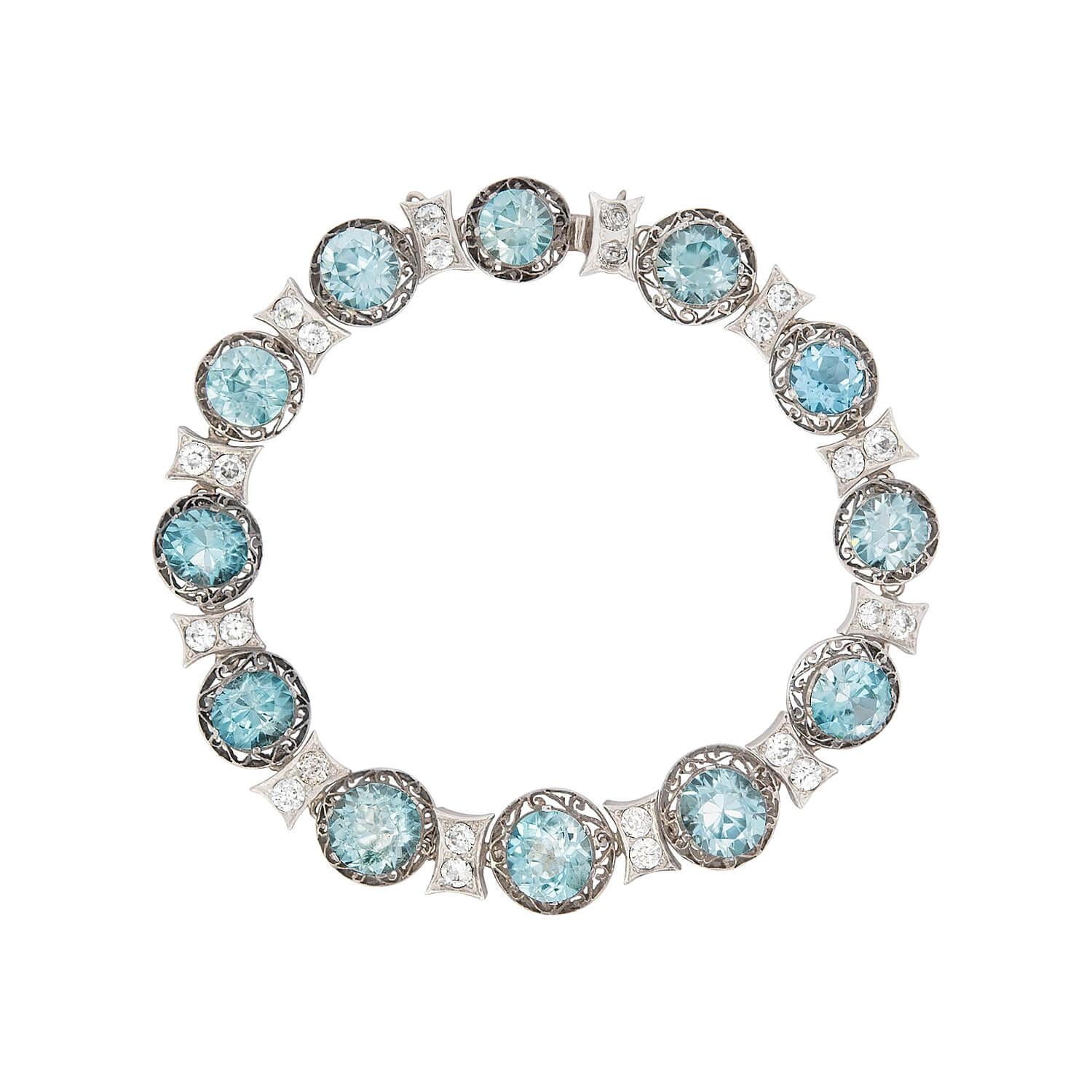 Edwardian 14k Gold & Sterling Silver Diamond & Zircon Bracelet - Vintage Jewelry for Weddings, Anniversaries & Special Occasions