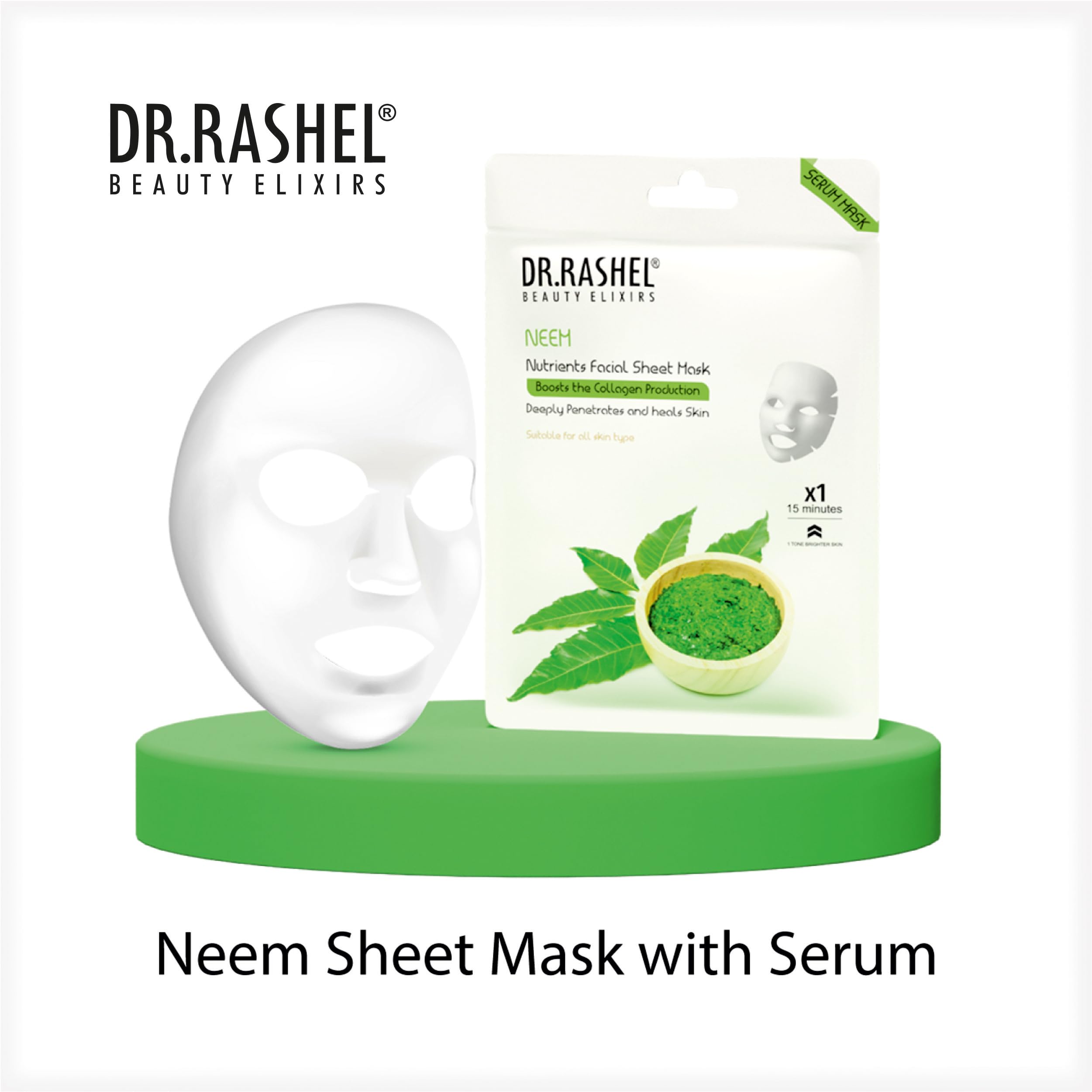 DR.RASHEL Neem Face Sheet Mask with Serum for Women & Men - All Skin Types | Deep Cleansing, Oil Control & Skin Repair | Hydrating & Nourishing Treatment | Paraben-Free | Pack of 4 (20g Each) | Perfect for Acne-Prone Skin & Daily Skincare Routine