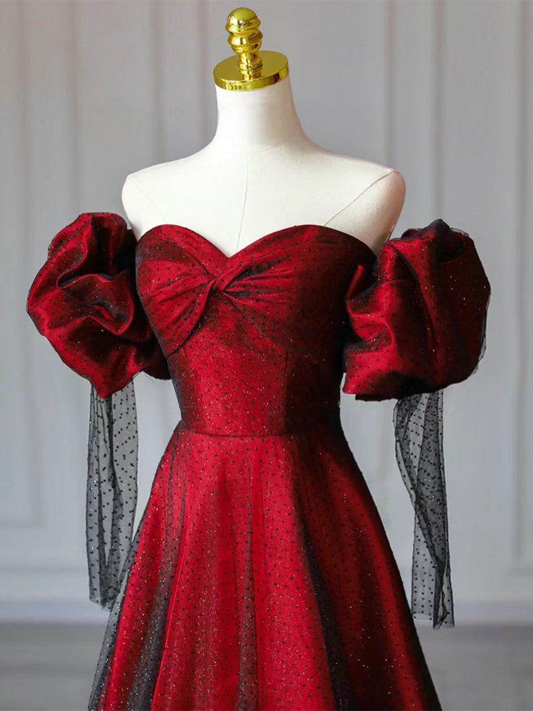 Elegant A-Line Sweetheart Neck Tulle Satin Burgundy Long Prom Dress for Homecoming, Formal Dances & Special Occasions