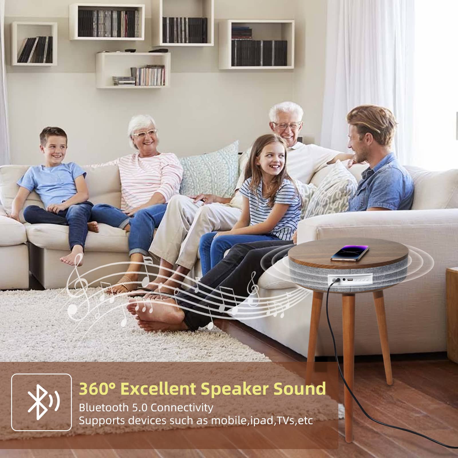 TooCust Smart End Table with Bluetooth Speaker & Wireless Charger - Round Side Table with USB Charging Ports for Bedroom, Living Room, Office - Perfect for Home Entertainment & Workspace Charging Station